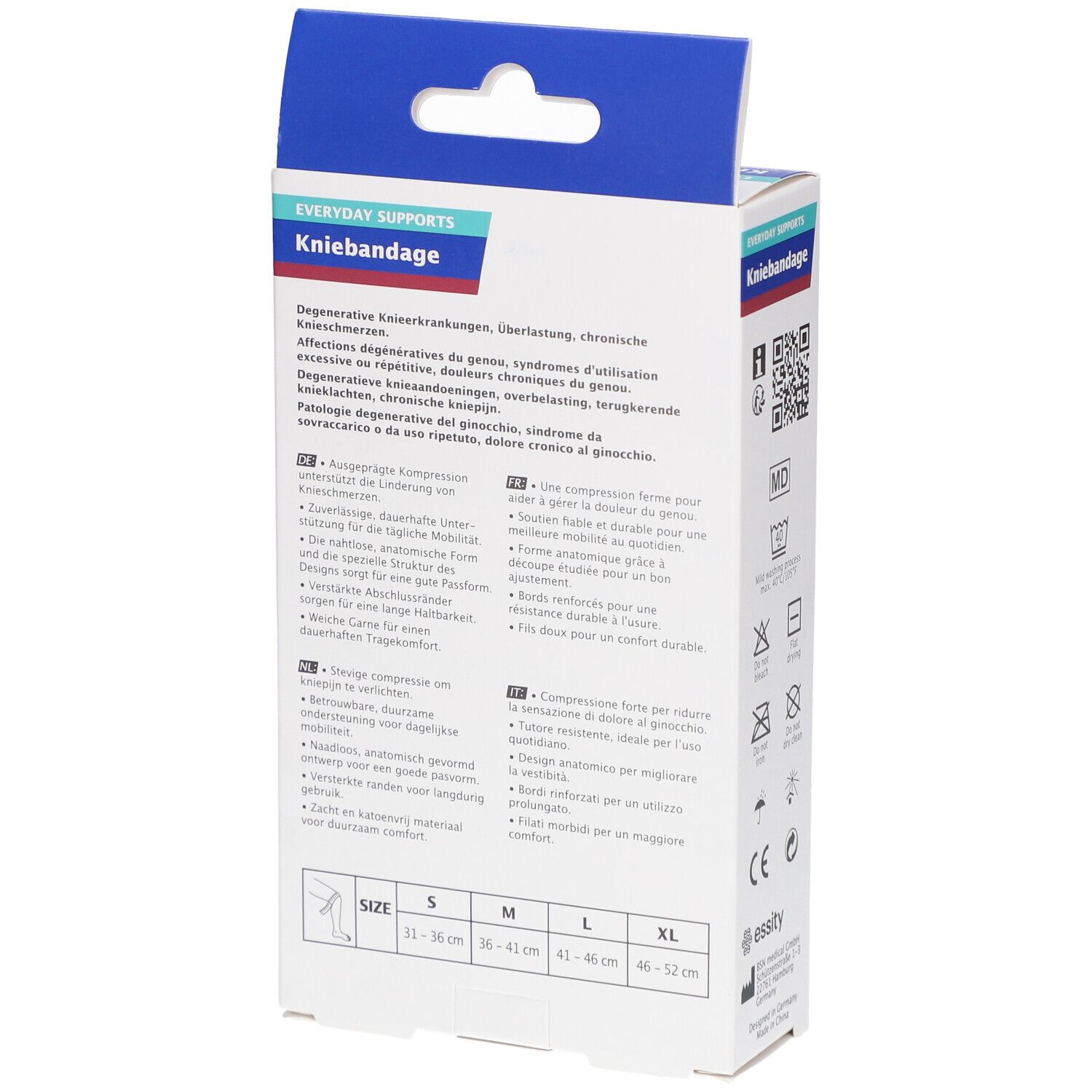 Achterkant van de verpakking. Tekst: Kniebandages, degeneratieve knieaandoeningen, maten S-XL. Symbolen en meertalige tekst.