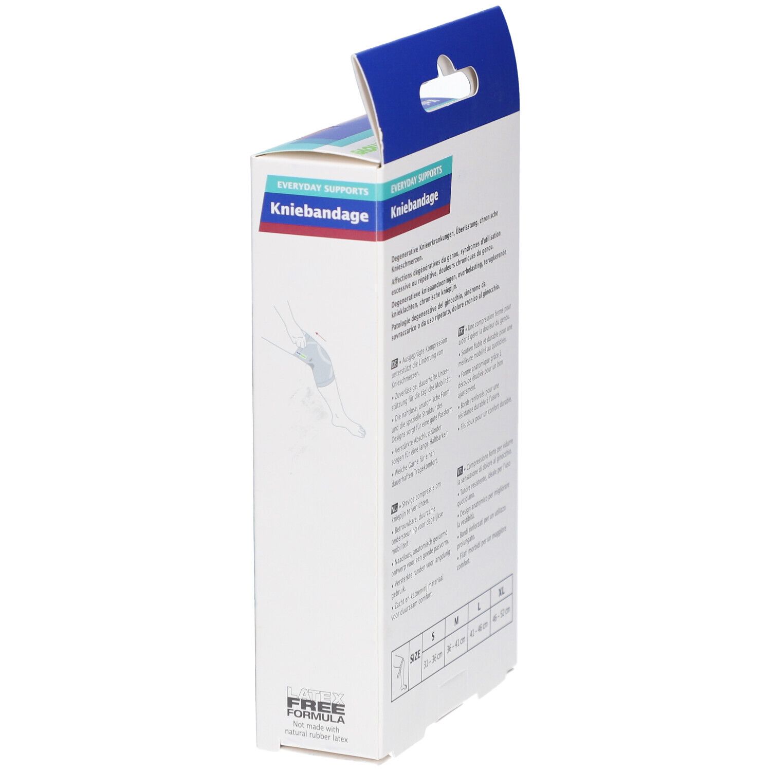Zijkant van de verpakking. Tekst: Kniebandage, maten S-XL. Illustratie van een knie. Meertalige tekst.