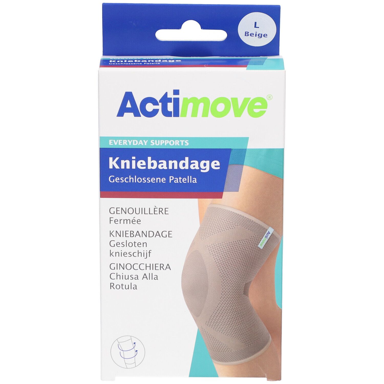 Actimove kniebandage in verpakking, maat L, beige. Opschriften: Kniebandage, Genouillère, Kniebandage, Ginocchiera. Afbeelding van knie.
