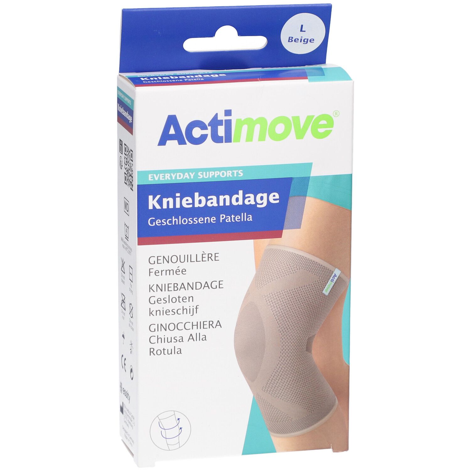 Actimove kniebandage in verpakking, maat L, beige. Opschriften: Kniebandage, Genouillère, Kniebandage, Ginocchiera. Afbeelding van knie.