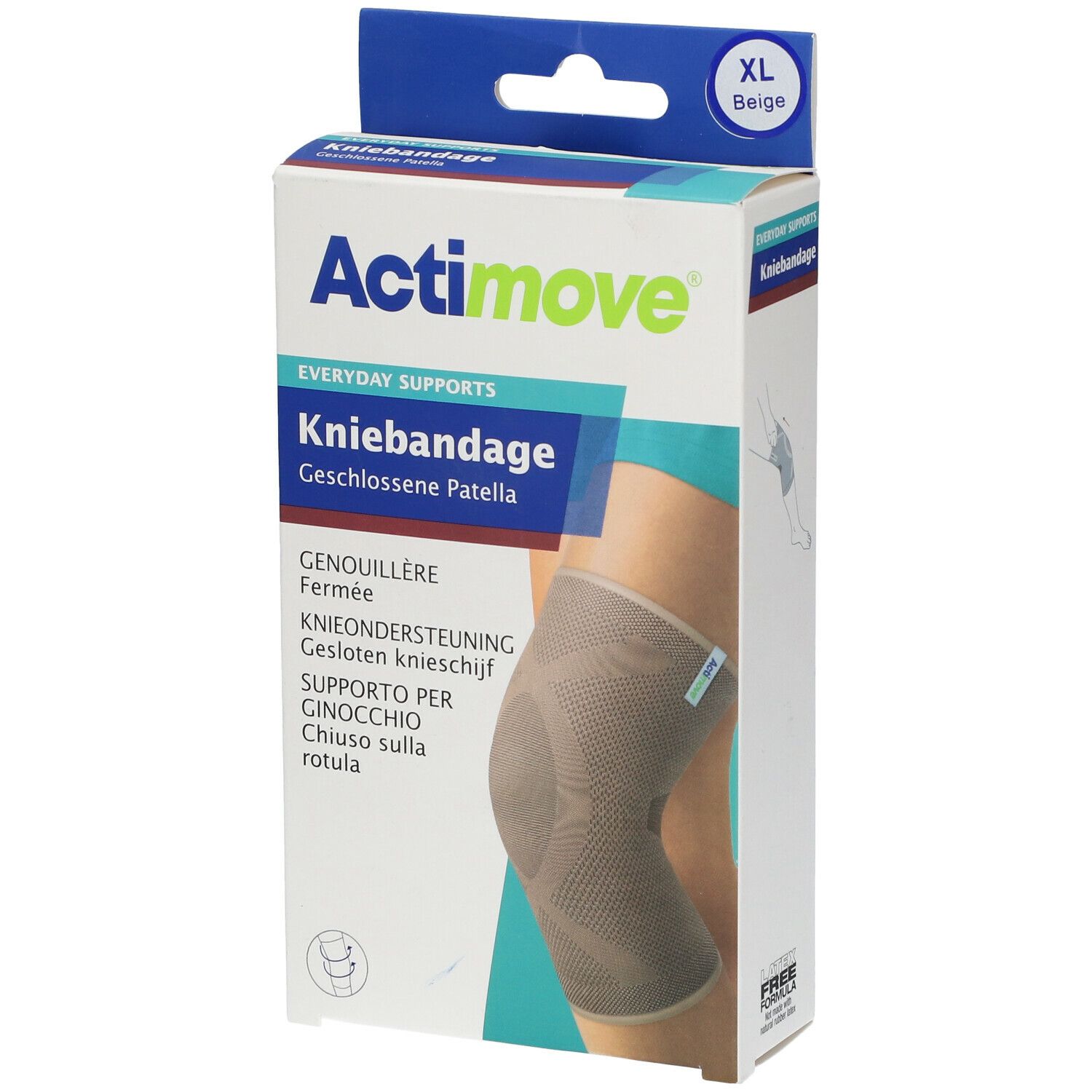 Actimove kniebandage, XL, beige. Verpakking met productafbeelding. Opschrift: Kniebandage, Everyday Supports, Geschlossene Patella.