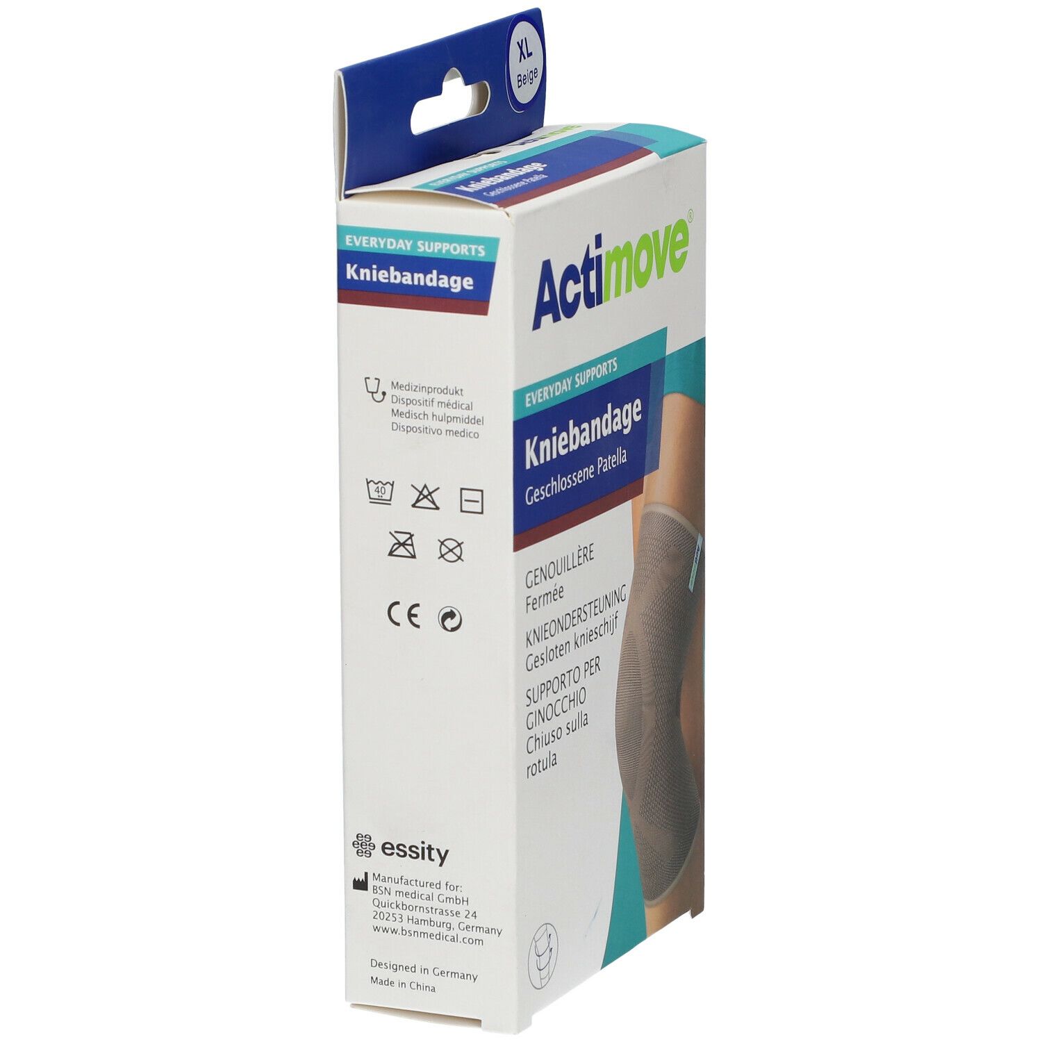 Actimove kniebandage verpakking, XL, beige. Zijaanzicht met productinformatie en wassymbolen. Fabrikantenlogo: essity.