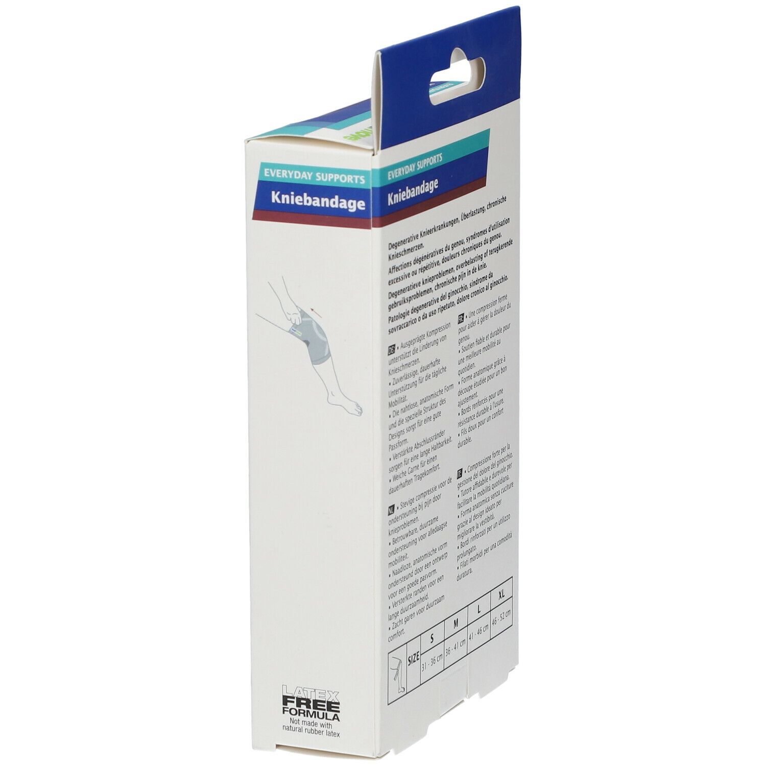 Actimove kniebandage verpakking, XL, beige. Zijaanzicht met productinformatie. Maten: S, M, L, XL.