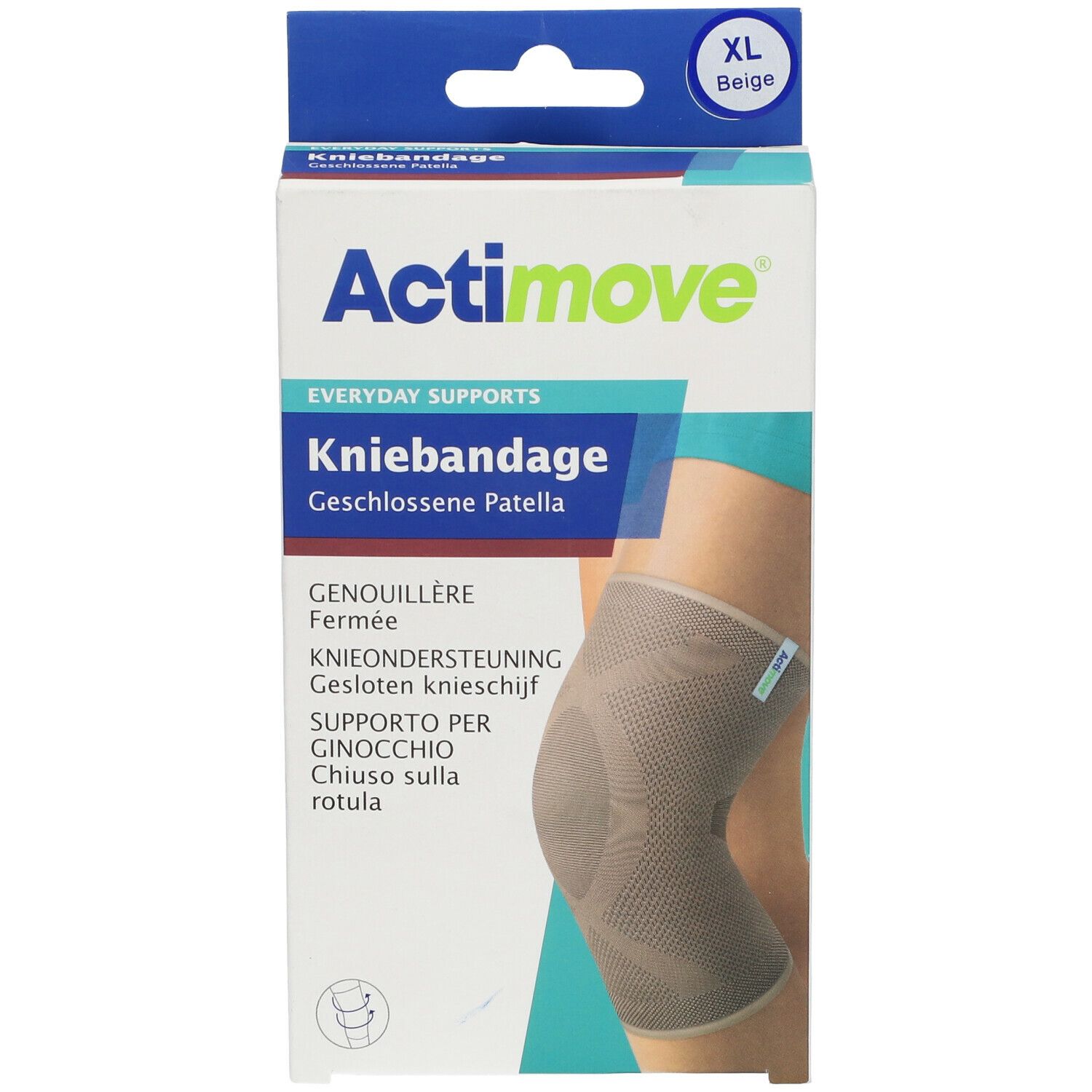 Actimove kniebandage, XL, beige. Verpakking met productafbeelding. Opschrift: Kniebandage, Everyday Supports, Geschlossene Patella.