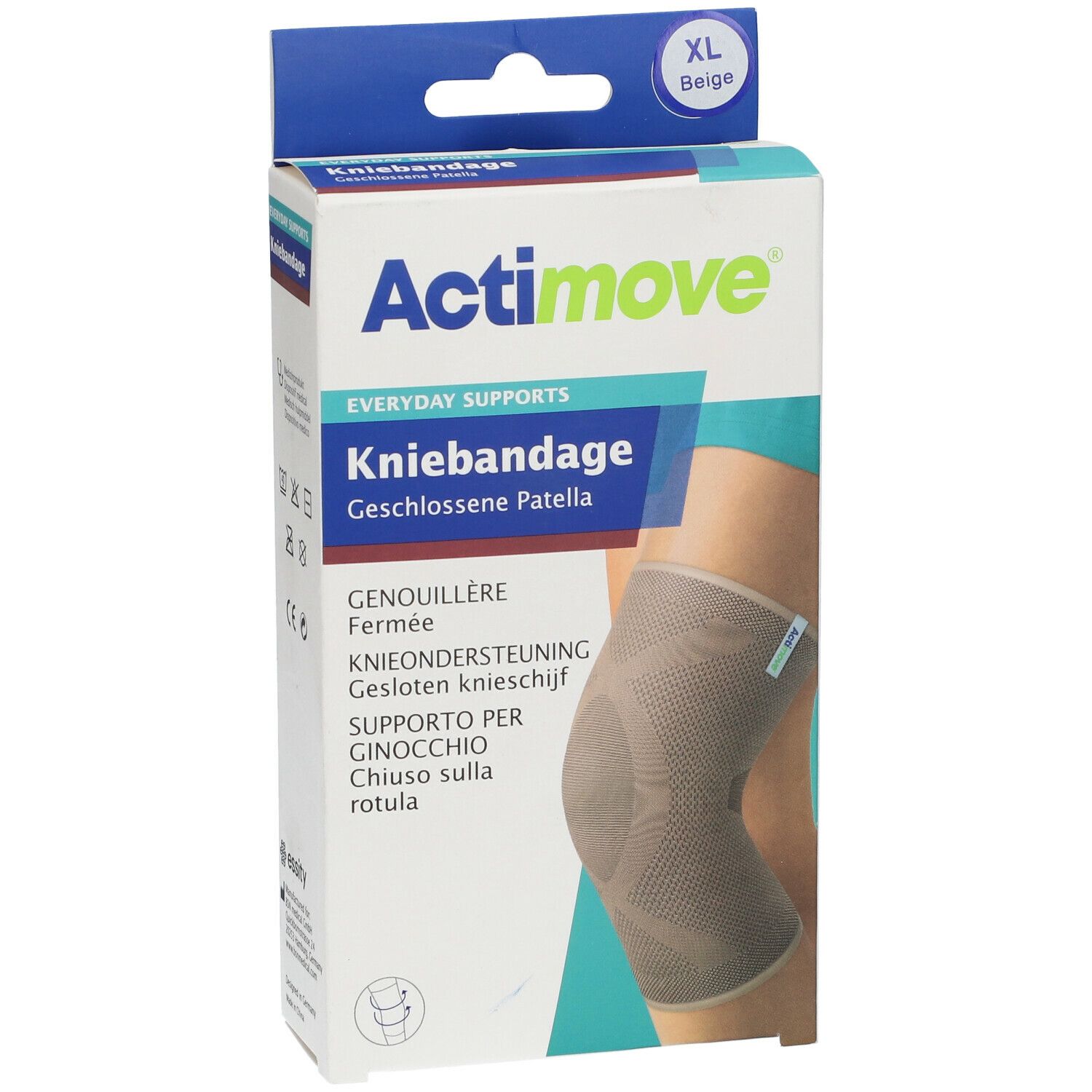 Actimove kniebandage, XL, beige. Verpakking met productafbeelding. Opschrift: Kniebandage, Everyday Supports, Geschlossene Patella.