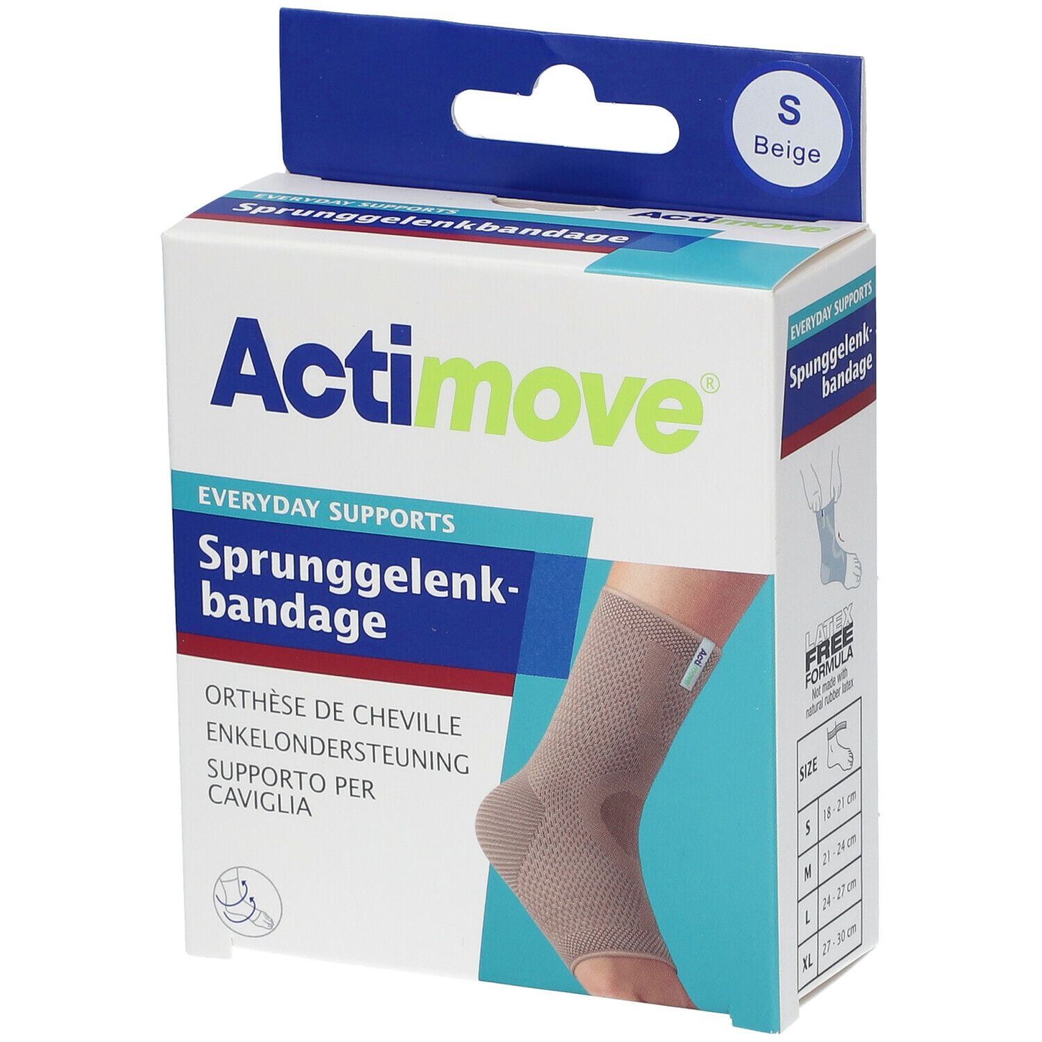 Actimove Sprunggelenkbandage in Verpackung. Beige, Größe S. Produktname und Beschreibung auf der Verpackung.