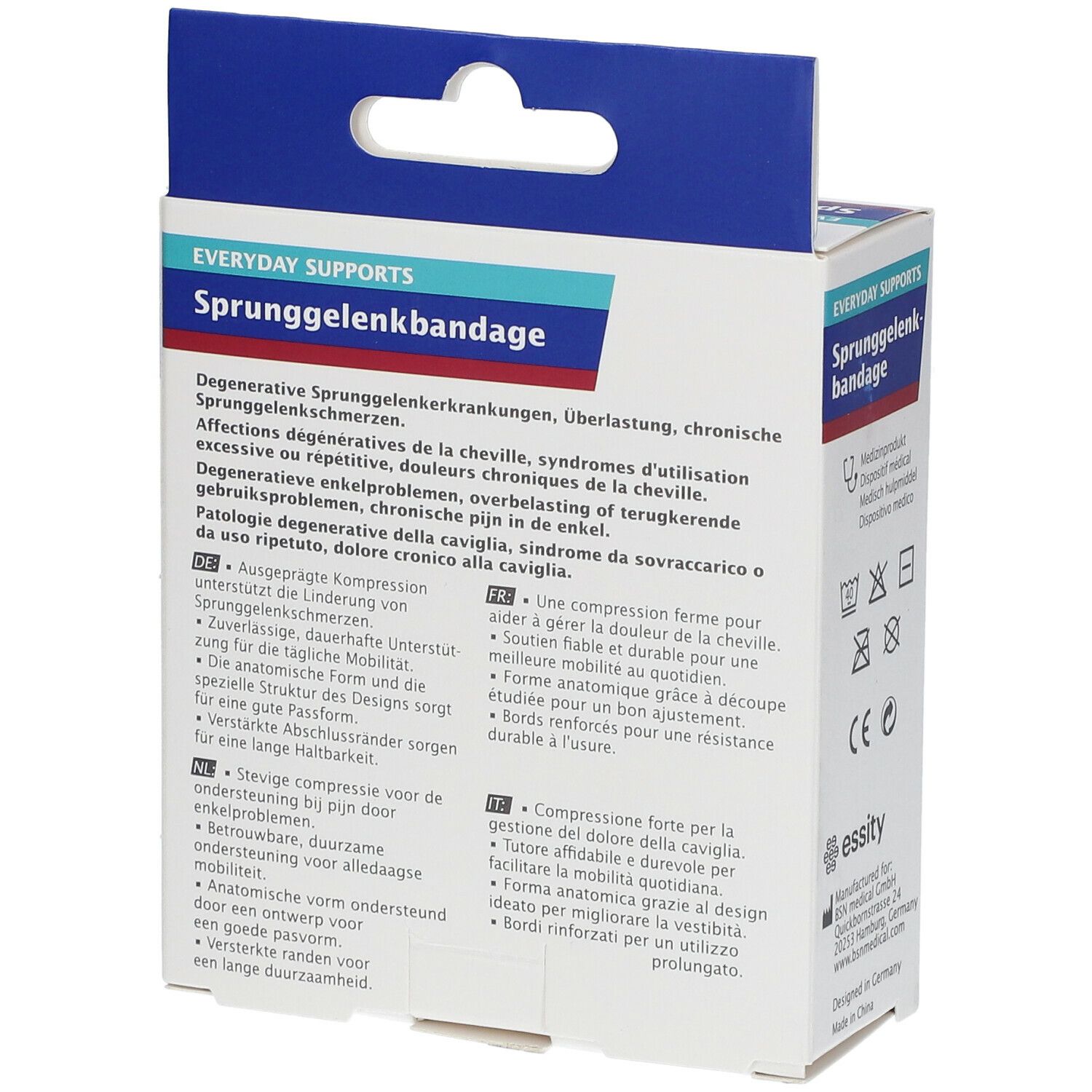 Rückseite der Actimove Sprunggelenkbandage Verpackung. Produktbeschreibung in mehreren Sprachen, Waschsymbole.