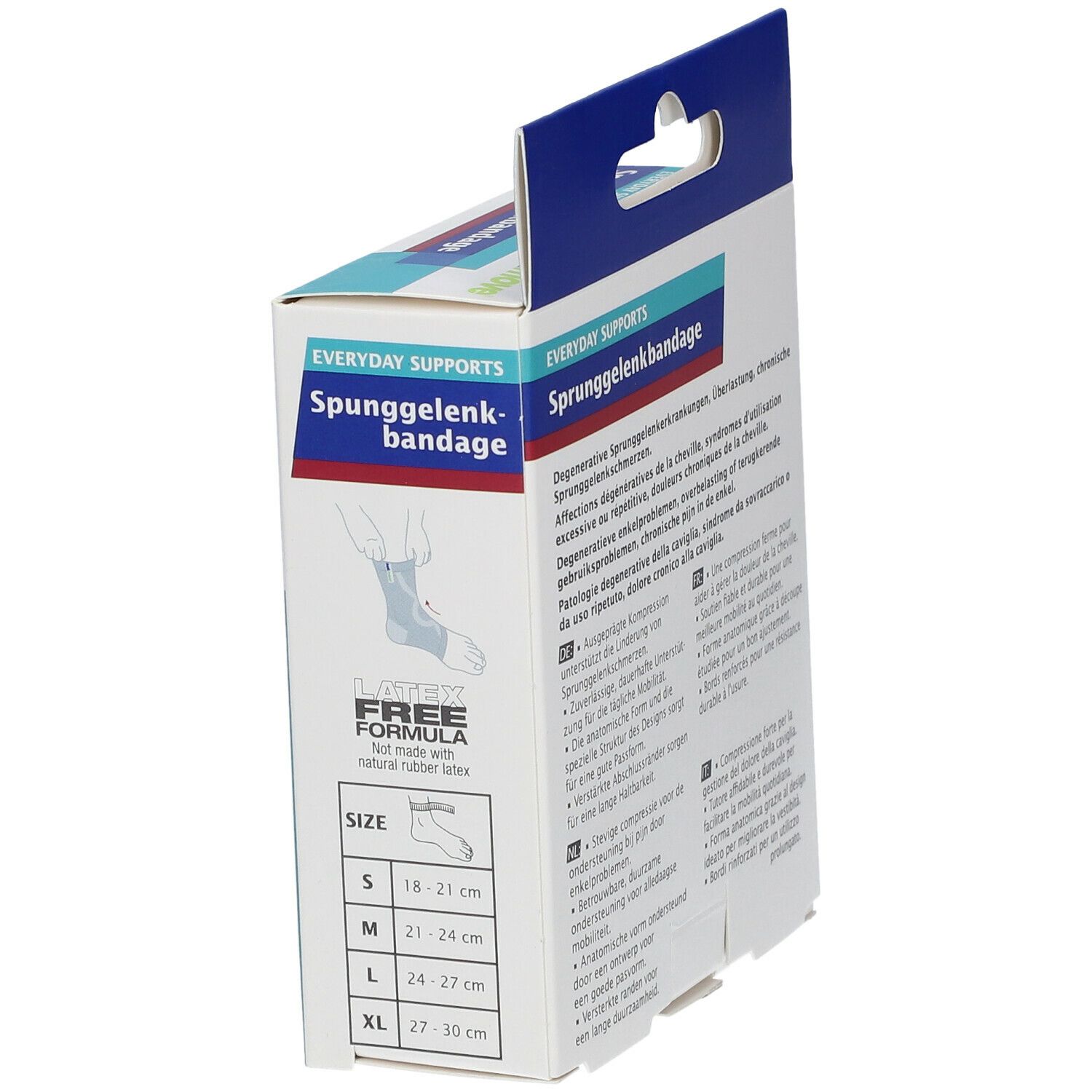 Actimove Sprunggelenkbandage Verpackung, Seitenansicht. Größenangaben S, M, L, XL. Latex-freie Formel.