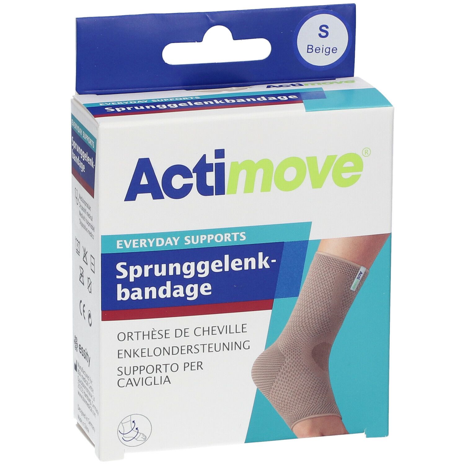 Actimove Sprunggelenkbandage in Verpackung. Beige, Größe S. Produktname und Beschreibung auf der Verpackung.