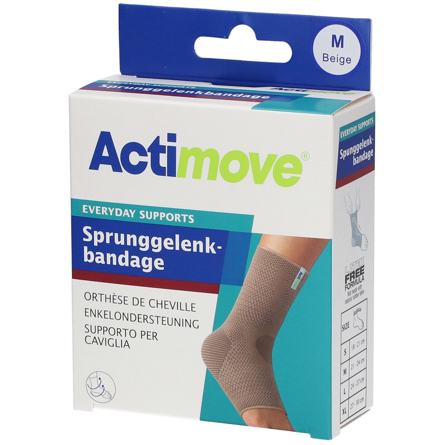 Orthèse de cheville Actimove en emballage. Taille M, beige. Nom et description du produit sur l'emballage.