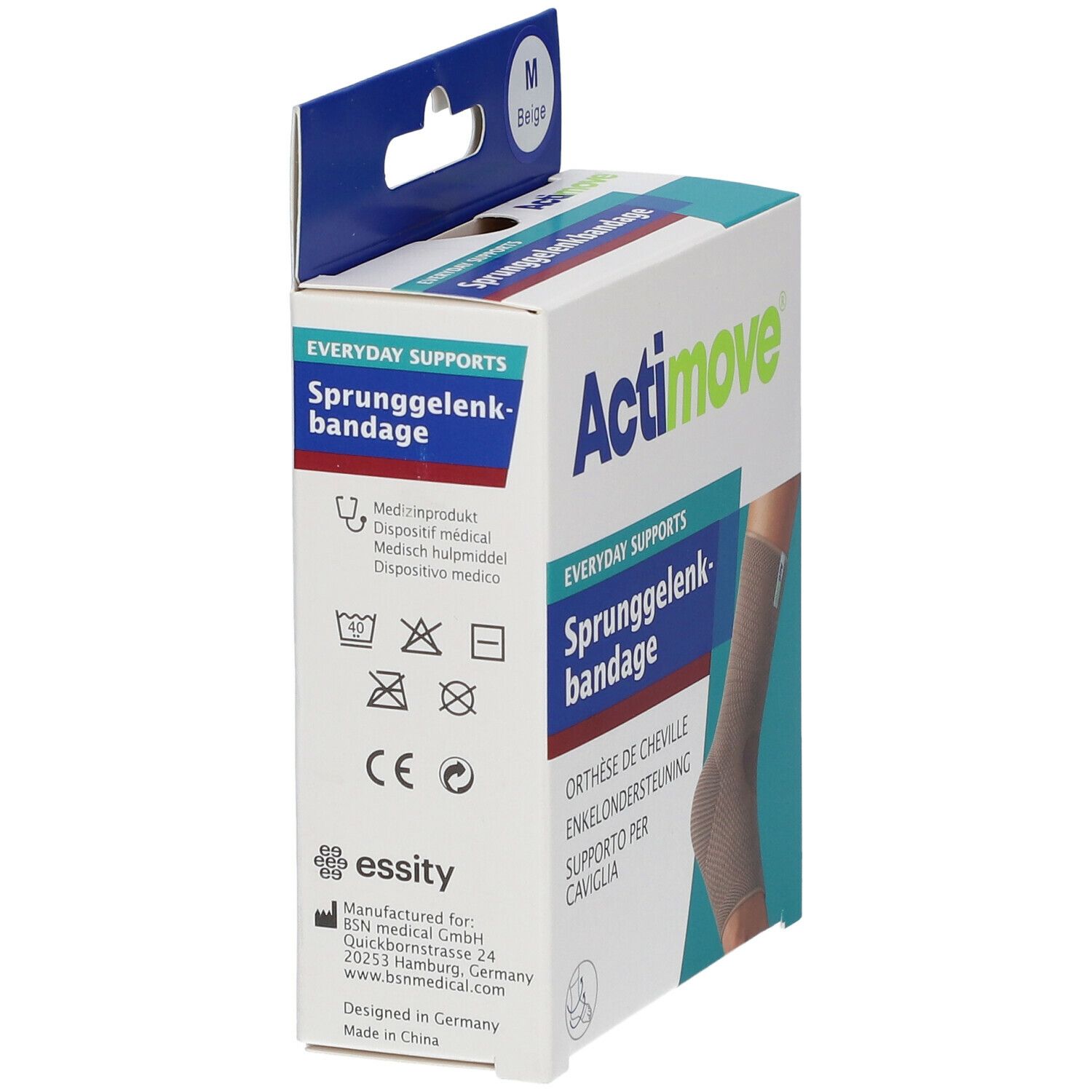 Emballage de l'orthèse de cheville Actimove. Taille M, beige. Vue latérale avec informations et logos.