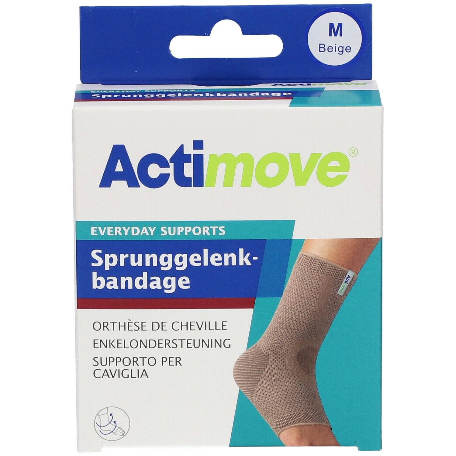 Orthèse de cheville Actimove en emballage. Taille M, beige. Nom et description du produit sur l'emballage.