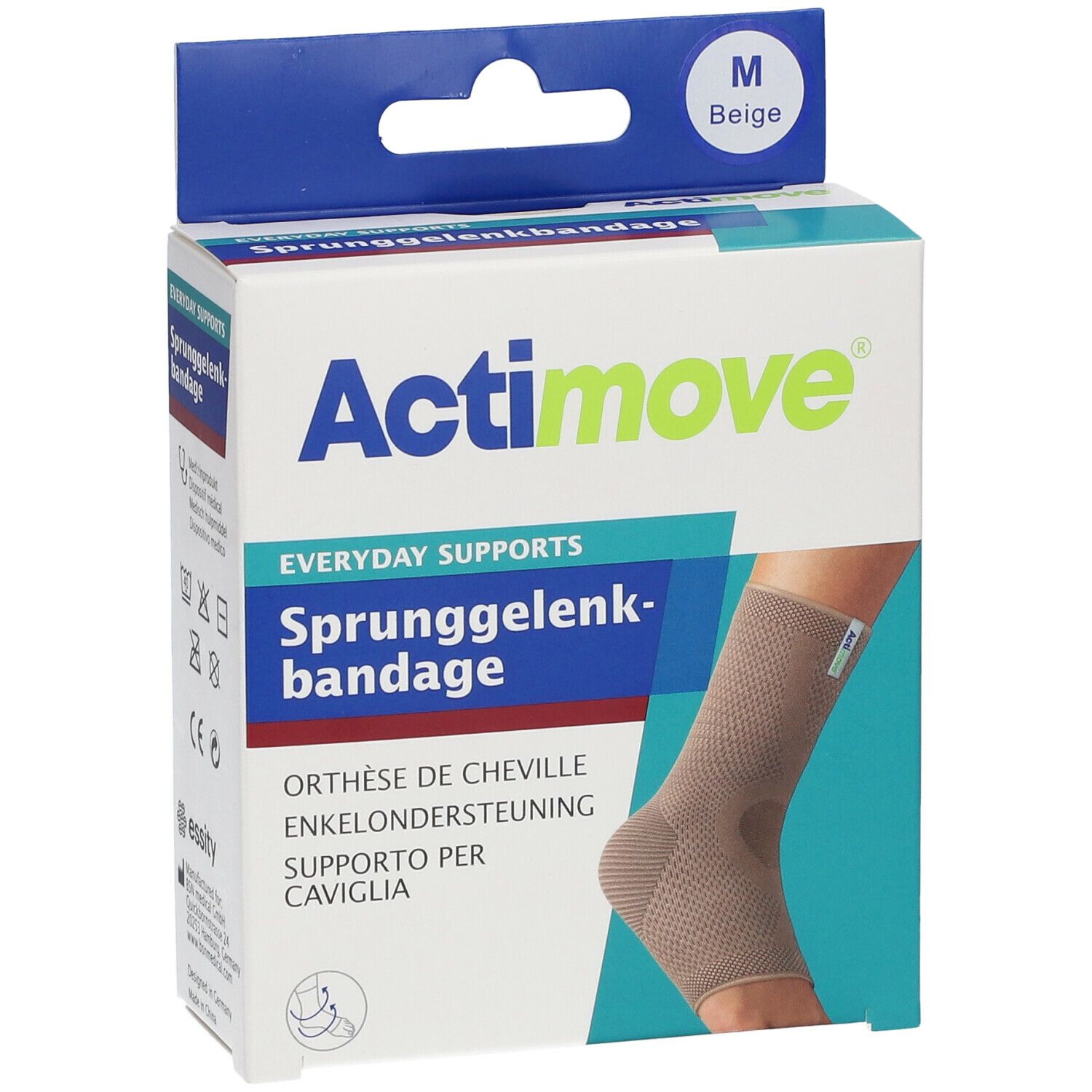 Orthèse de cheville Actimove en emballage. Taille M, beige. Nom et description du produit sur l'emballage.
