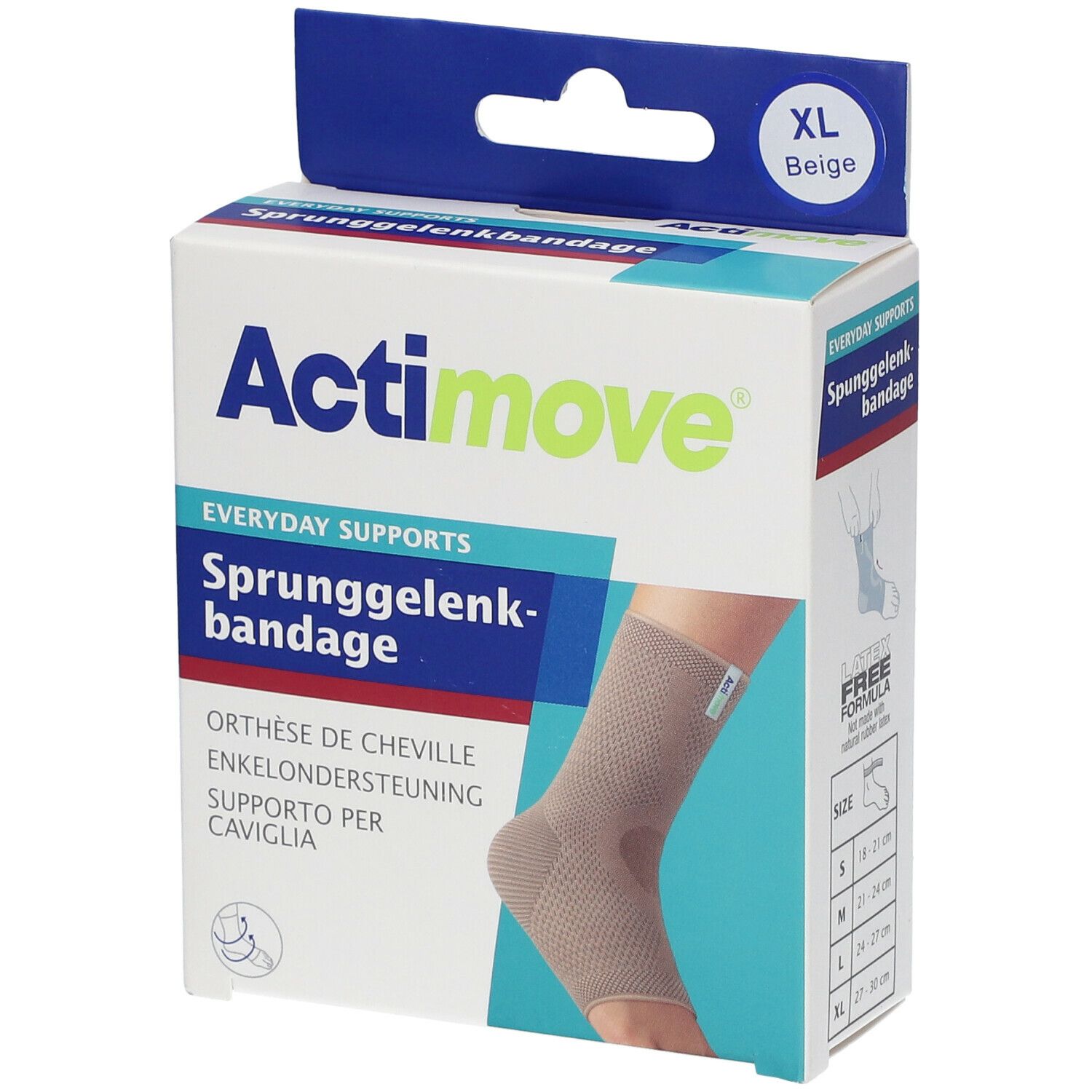 Actimove Everyday Supports enkelbandage, XL, beige. Verpakking met afbeelding van de bandage.
