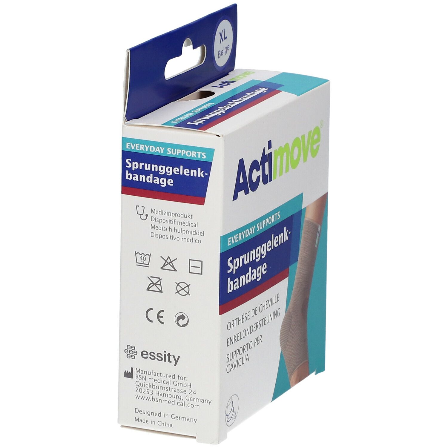 Zijaanzicht van de Actimove-verpakking. Productnaam, maten, fabrikantinfo en wassymbolen.