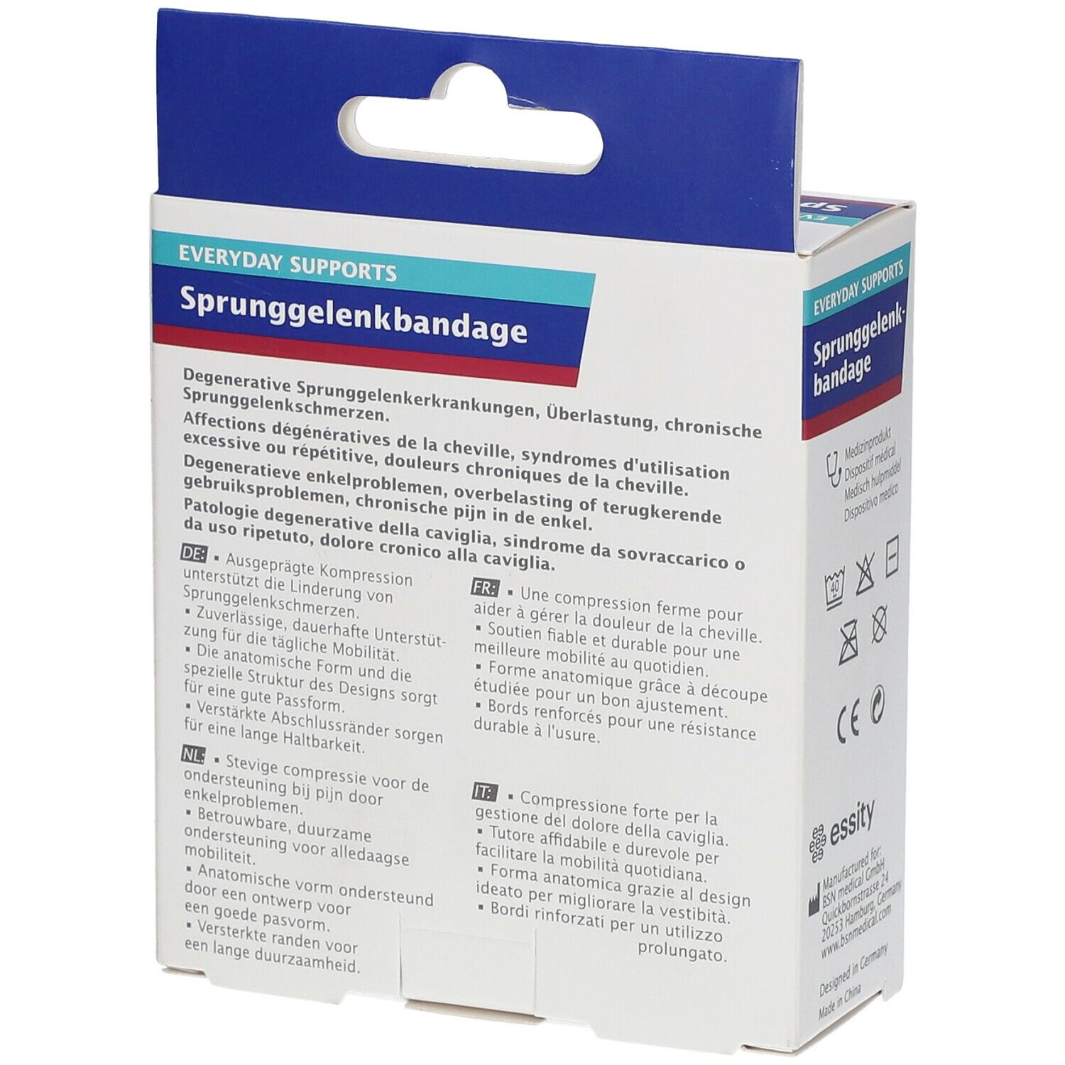 Achterkant van de Actimove-verpakking. Productbeschrijving in meerdere talen, wassymbolen en fabrikantinfo.