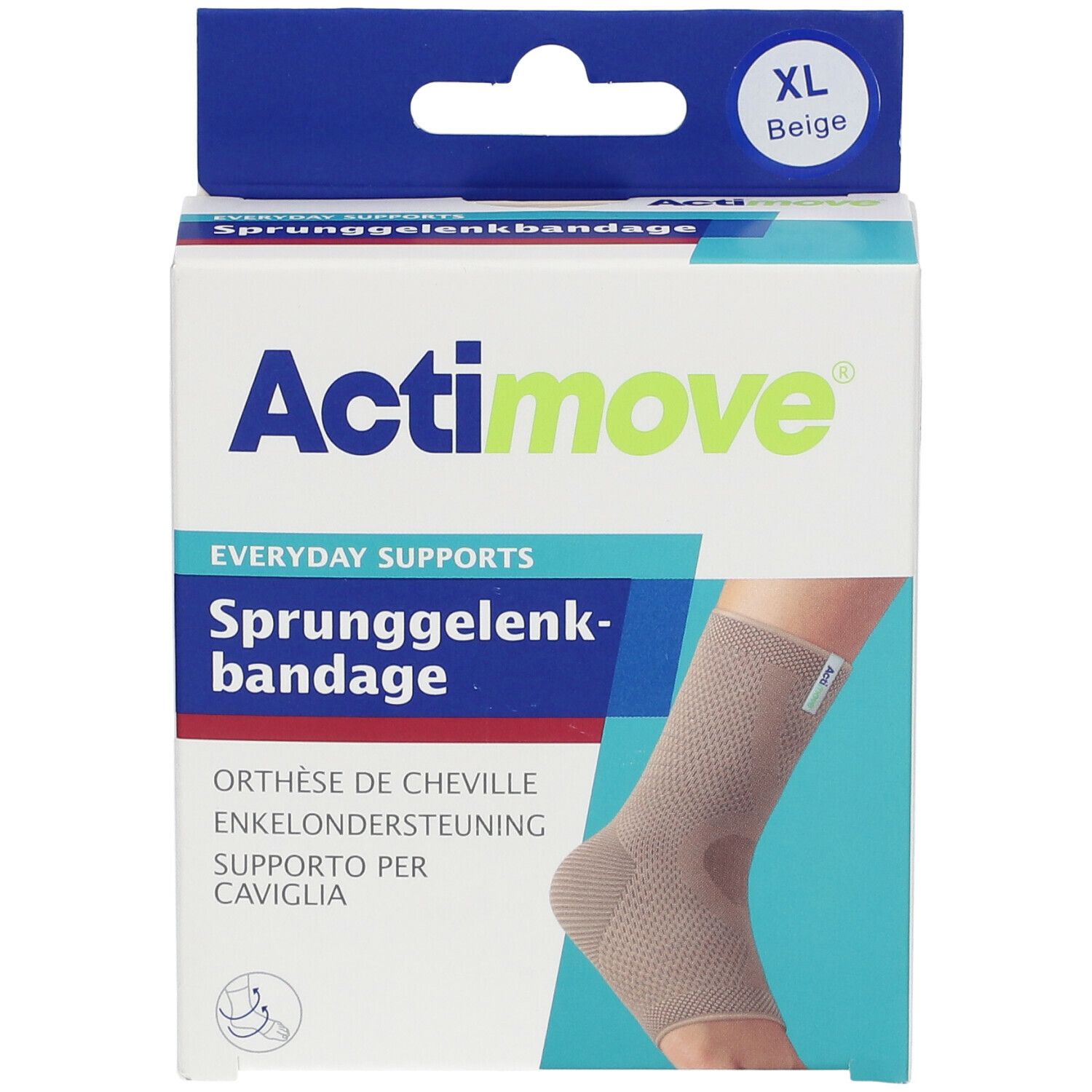 Actimove Everyday Supports enkelbandage, XL, beige. Verpakking met afbeelding van de bandage.