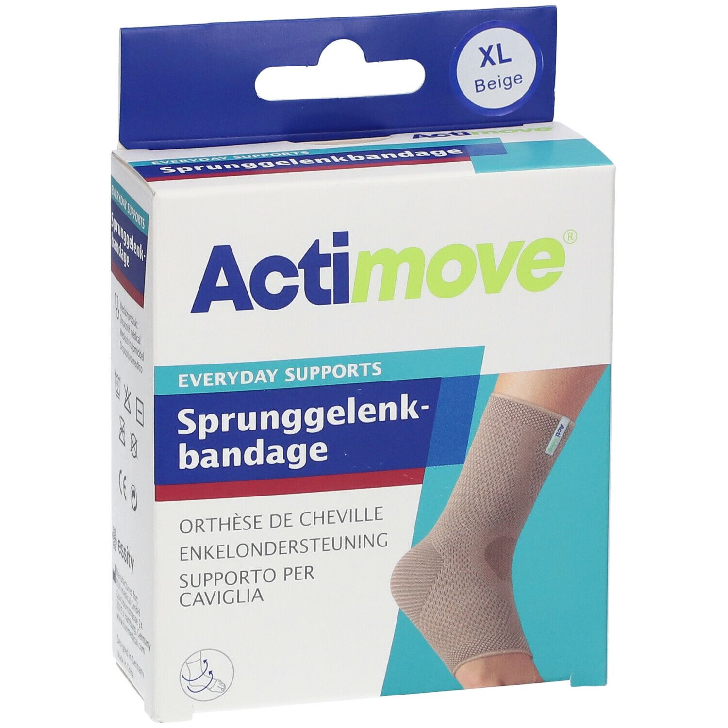 Actimove Everyday Supports enkelbandage, XL, beige. Verpakking met afbeelding van de bandage.