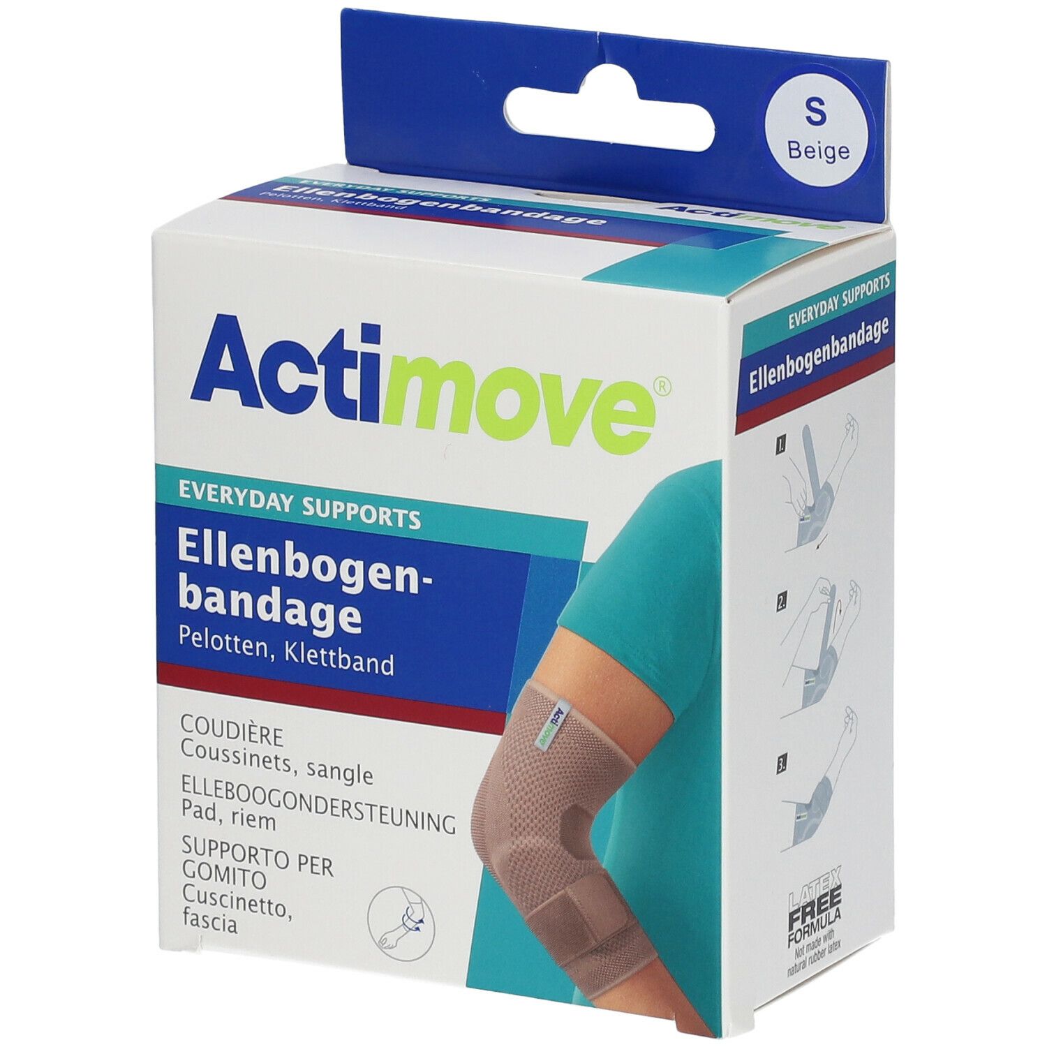 Verpakking van de Actimove elleboogbrace. Beige, maat S. Productafbeelding op de verpakking.