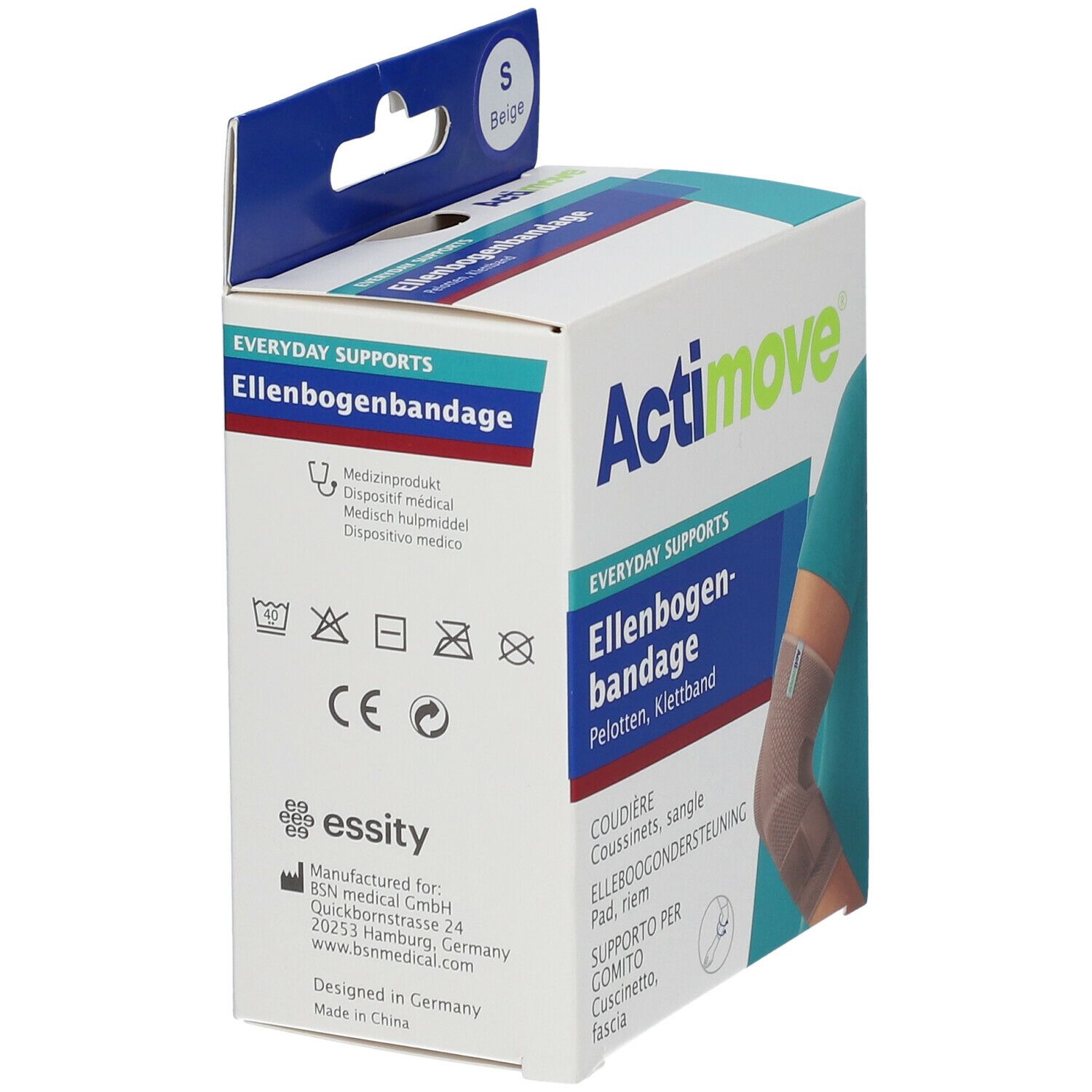 Achterkant van de Actimove elleboogbrace verpakking. Productinformatie, wassymbolen, CE-markering.