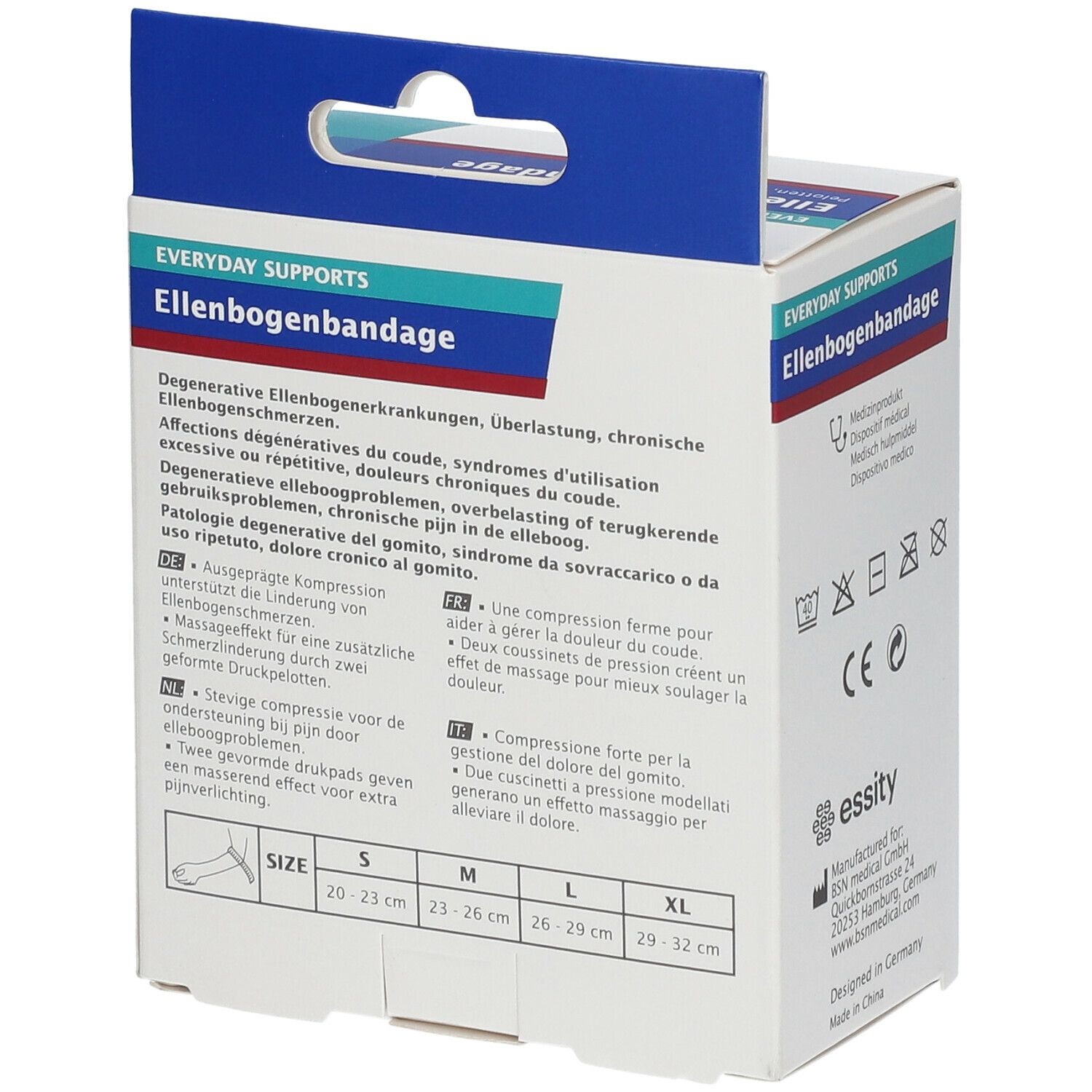 Verpakking van de Actimove elleboogbrace. Maatindicaties S-XL. Productbeschrijving in meerdere talen.