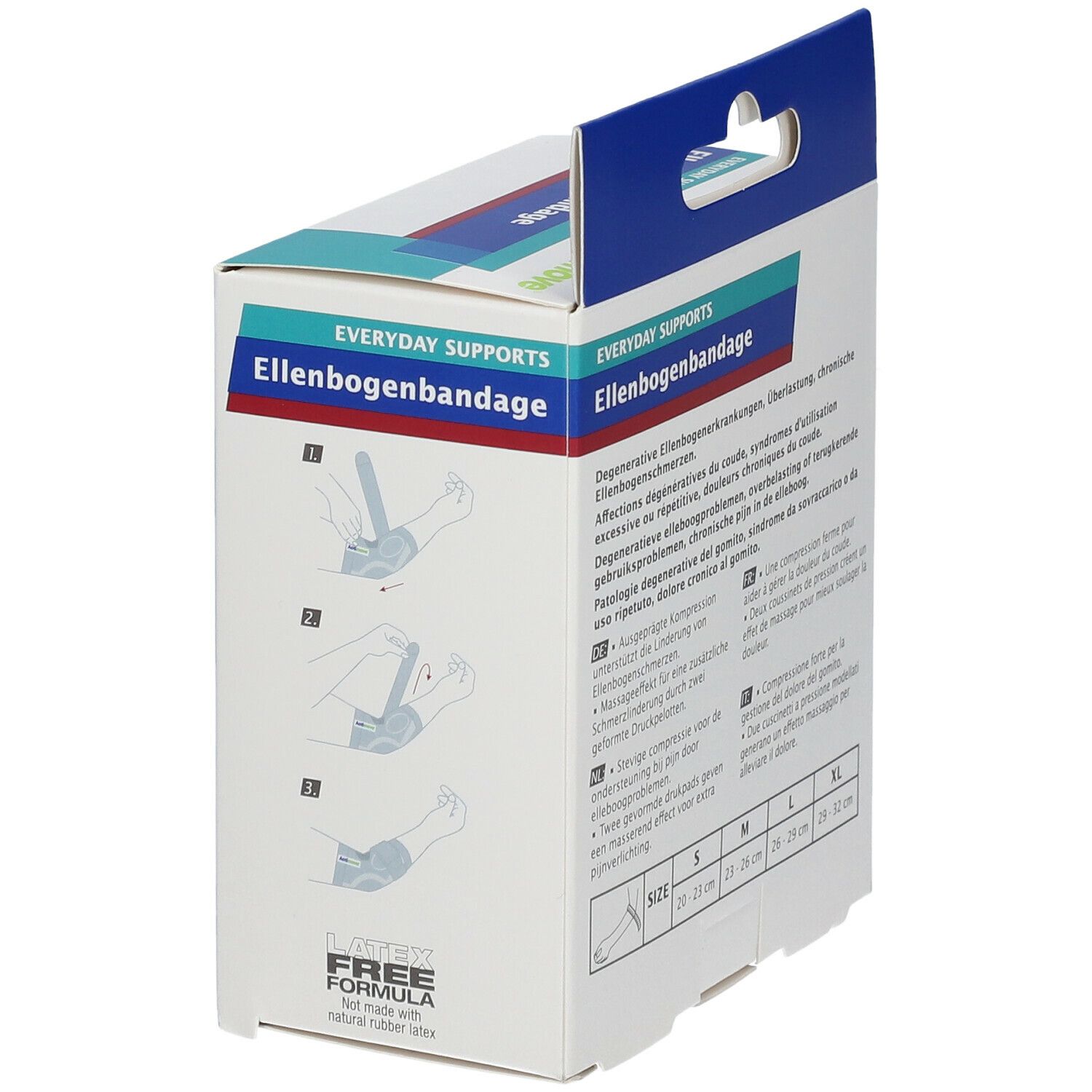 Verpakking van de Actimove elleboogbrace. Illustraties van de toepassing. Maatindicaties S-XL.