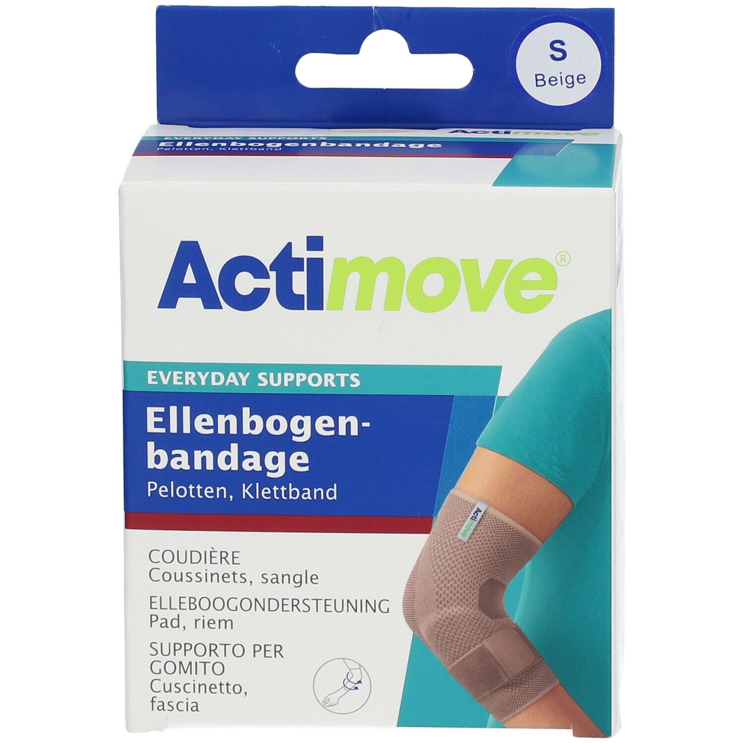 Verpakking van de Actimove elleboogbrace. Beige, maat S. Productafbeelding op de verpakking.
