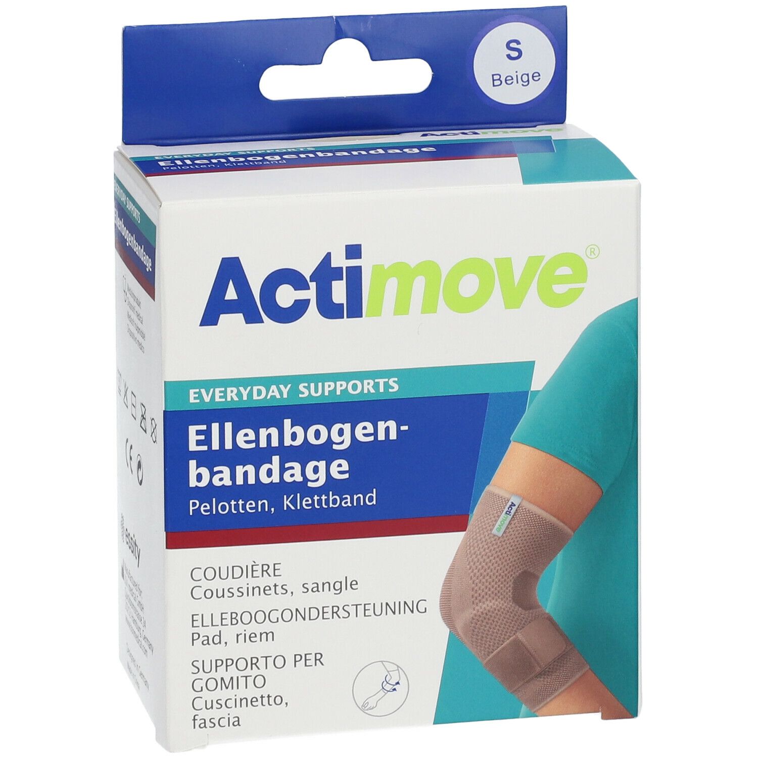 Verpakking van de Actimove elleboogbrace. Beige, maat S. Productafbeelding op de verpakking.