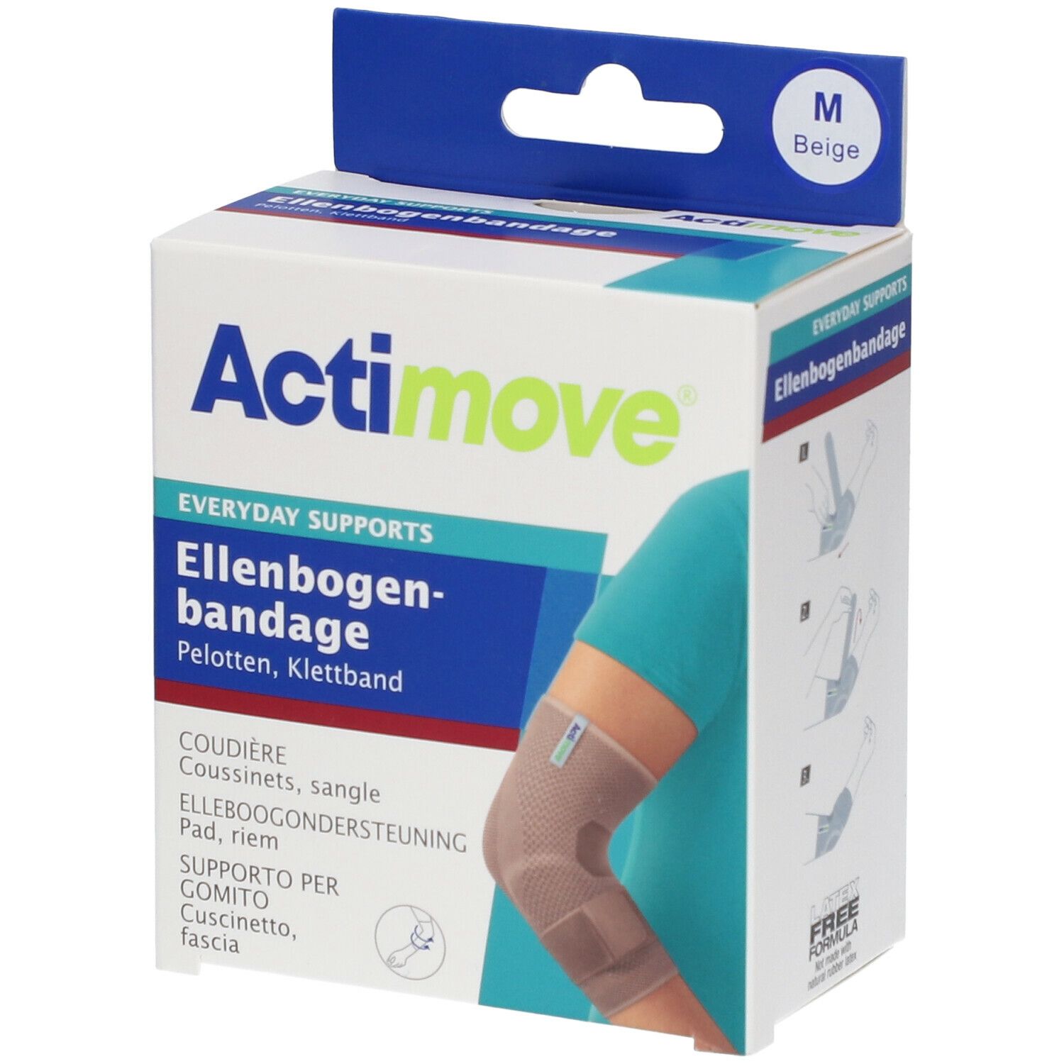 Actimove elleboogbandage in verpakking. Maat M, beige. Productnaam en gebruik op de verpakking.