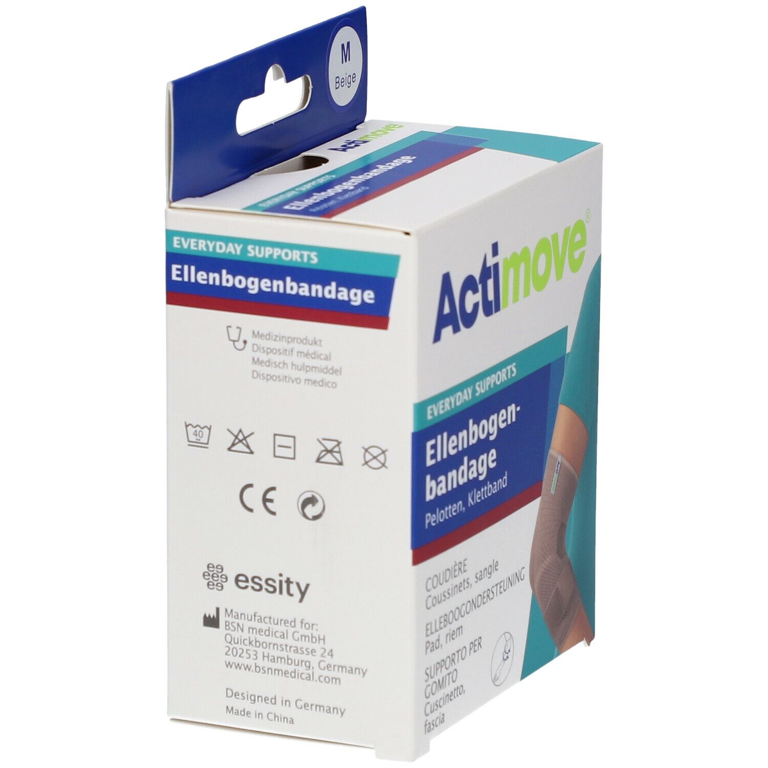 Verpakking van de Actimove elleboogbandage. Productinformatie, CE-markering en fabrikantenadres zichtbaar.