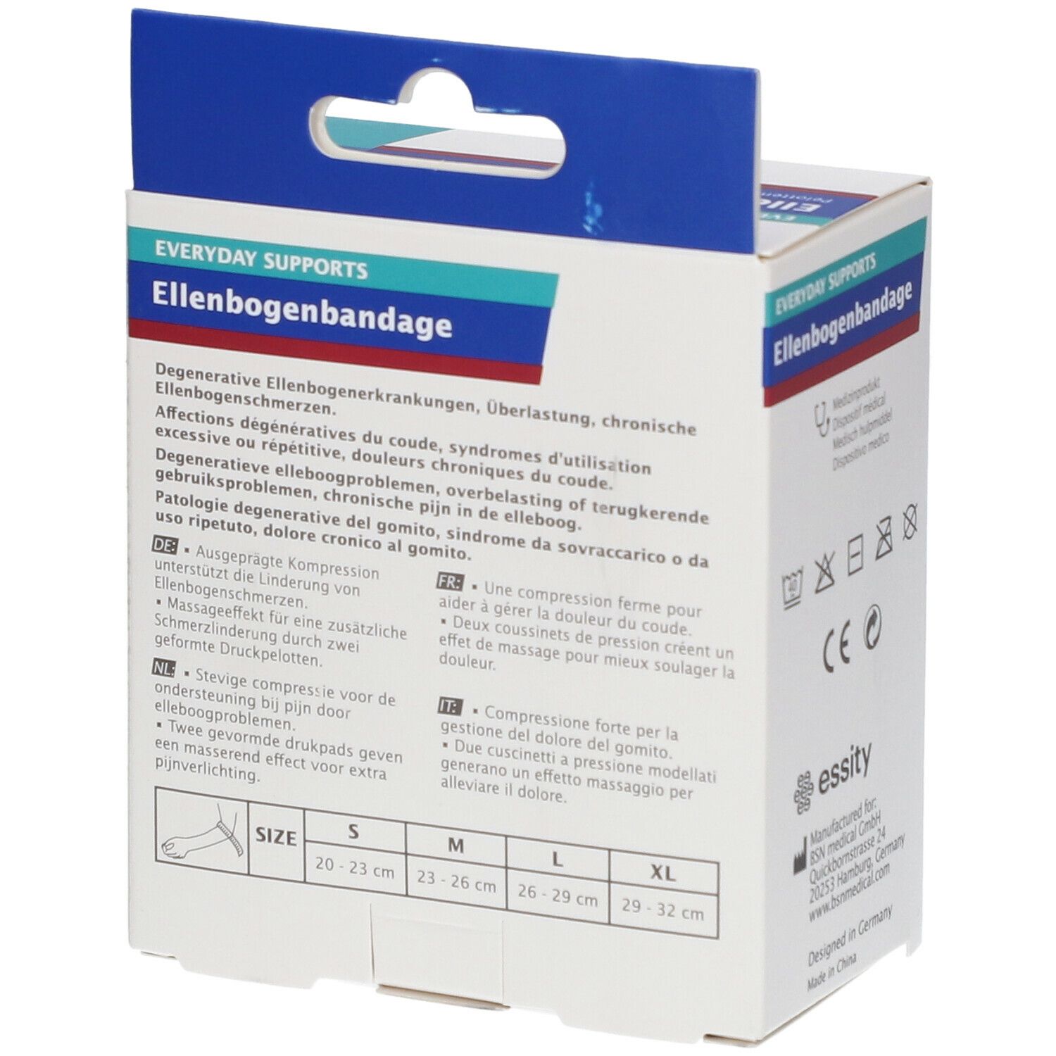 Achterkant van de Actimove elleboogbandage verpakking. Informatie over indicaties en maten.