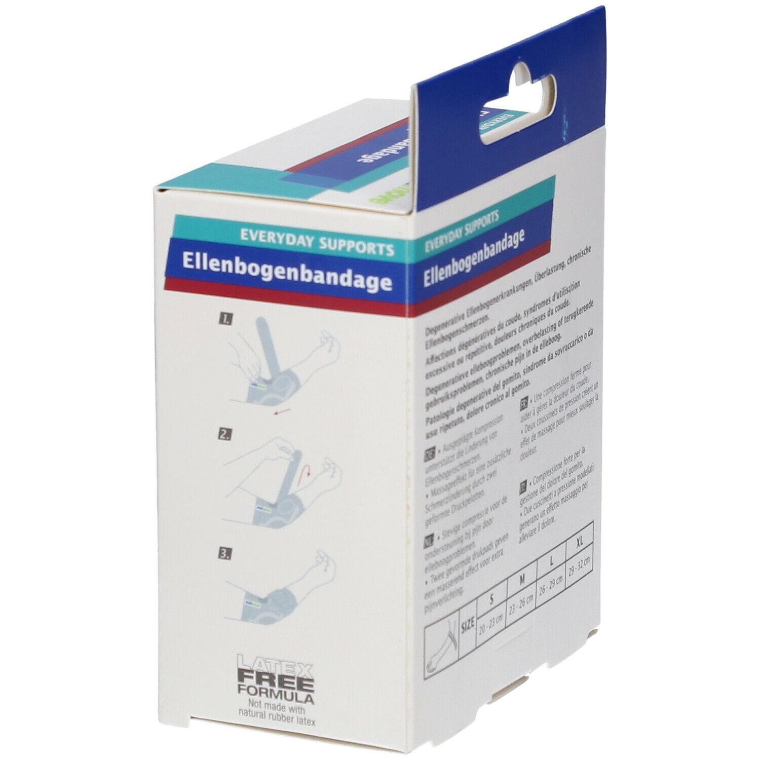 Verpakking van de Actimove elleboogbandage. Illustraties van gebruik en maatindicaties.