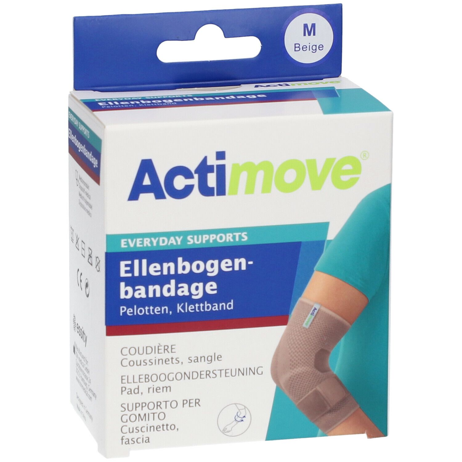 Actimove elleboogbandage in verpakking. Maat M, beige. Productnaam en gebruik op de verpakking.