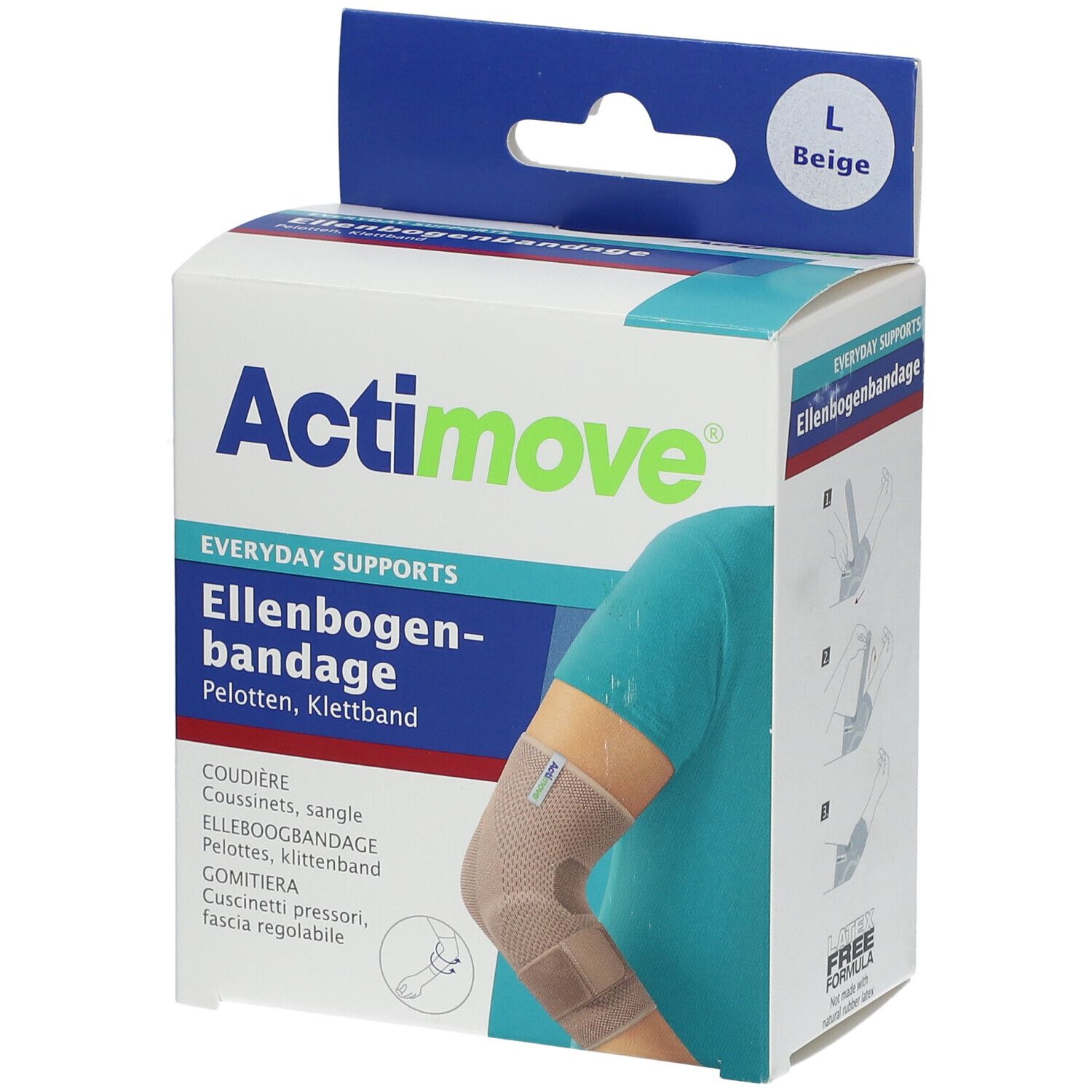 Emballage Actimove Everyday Support Coudière Large, beige, taille L. Illustration du produit sur un bras.
