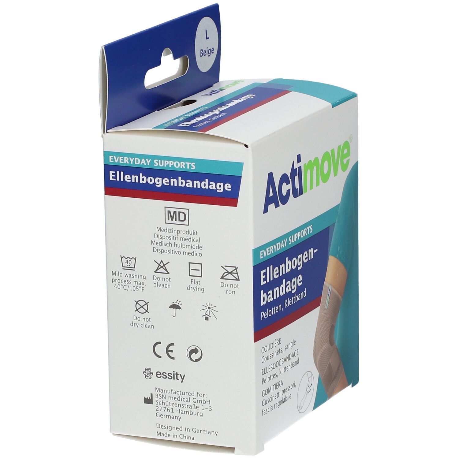 Emballage Actimove Everyday Support Coudière. Informations produit, symboles de lavage, marquage CE.