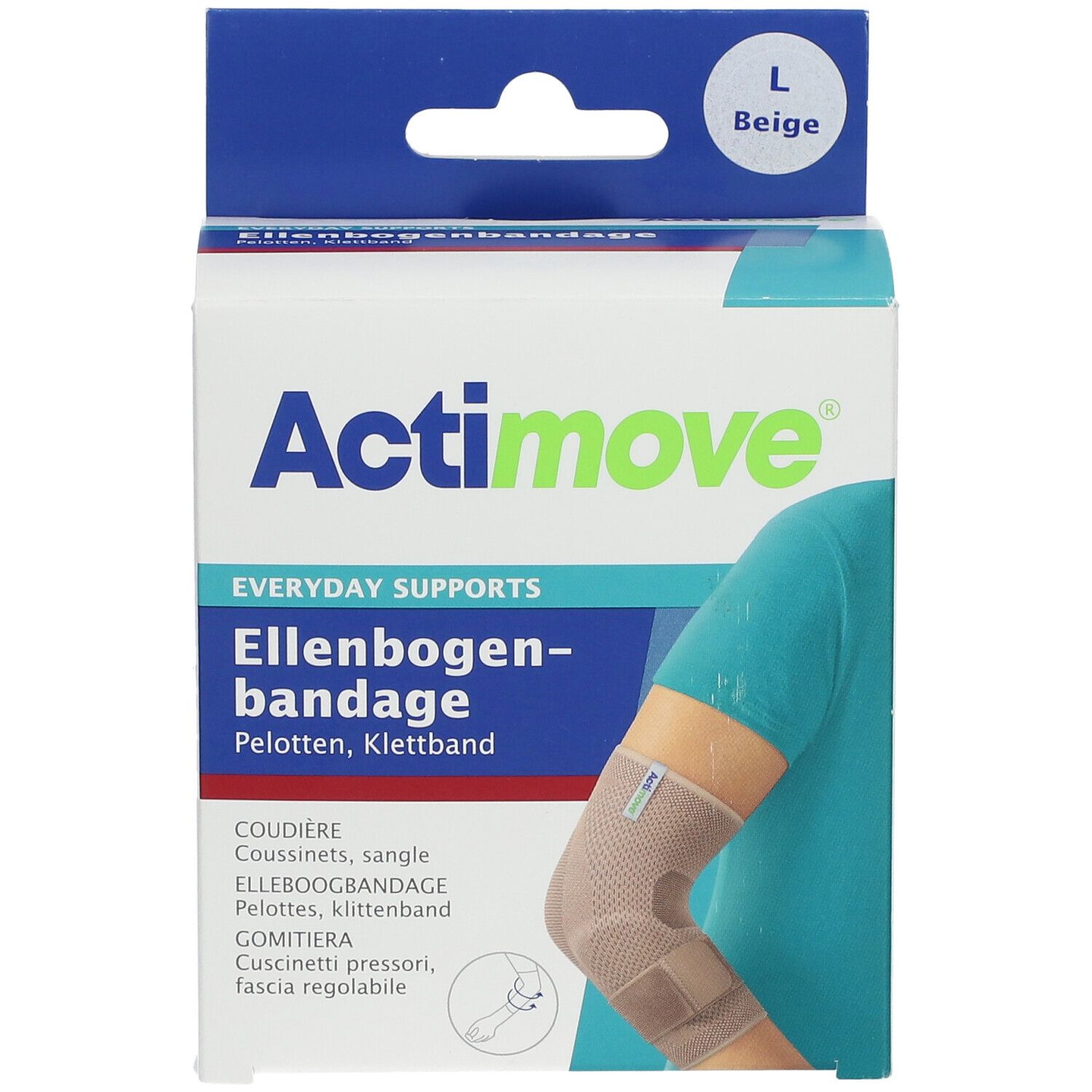 Emballage Actimove Coudière Large, beige, taille L. Illustration du produit sur un bras.