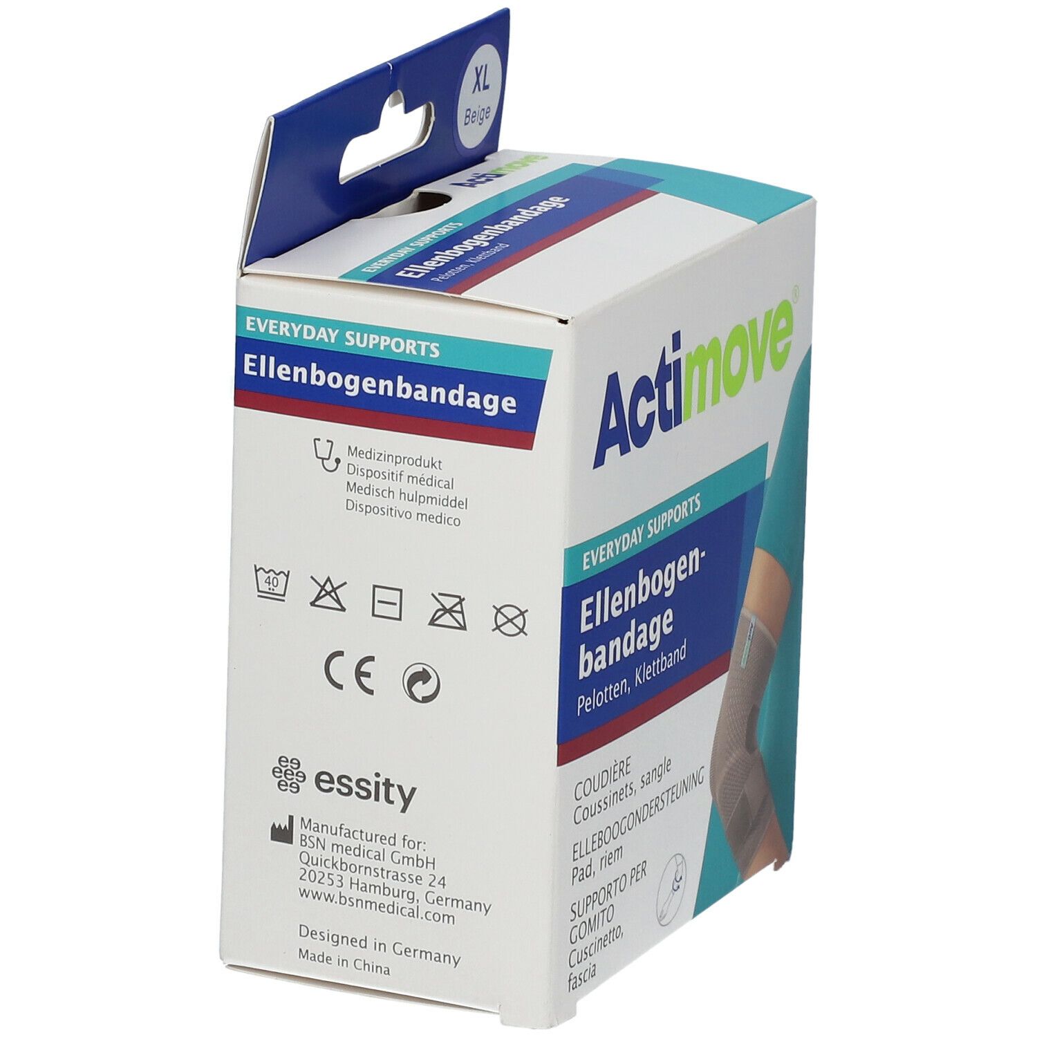 Achterkant Actimove Ellbogenbandage verpakking. Informatie, certificeringen en fabrikantgegevens.