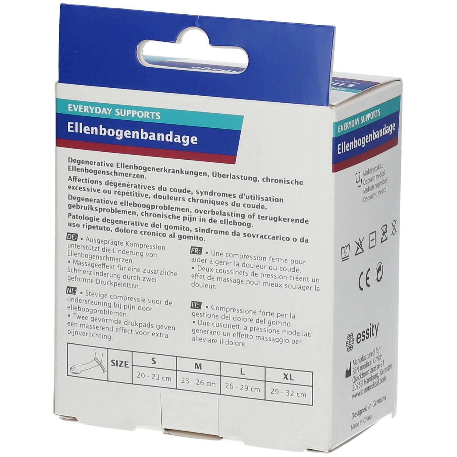 Achterkant Actimove Ellbogenbandage verpakking. Maat informatie en product details.