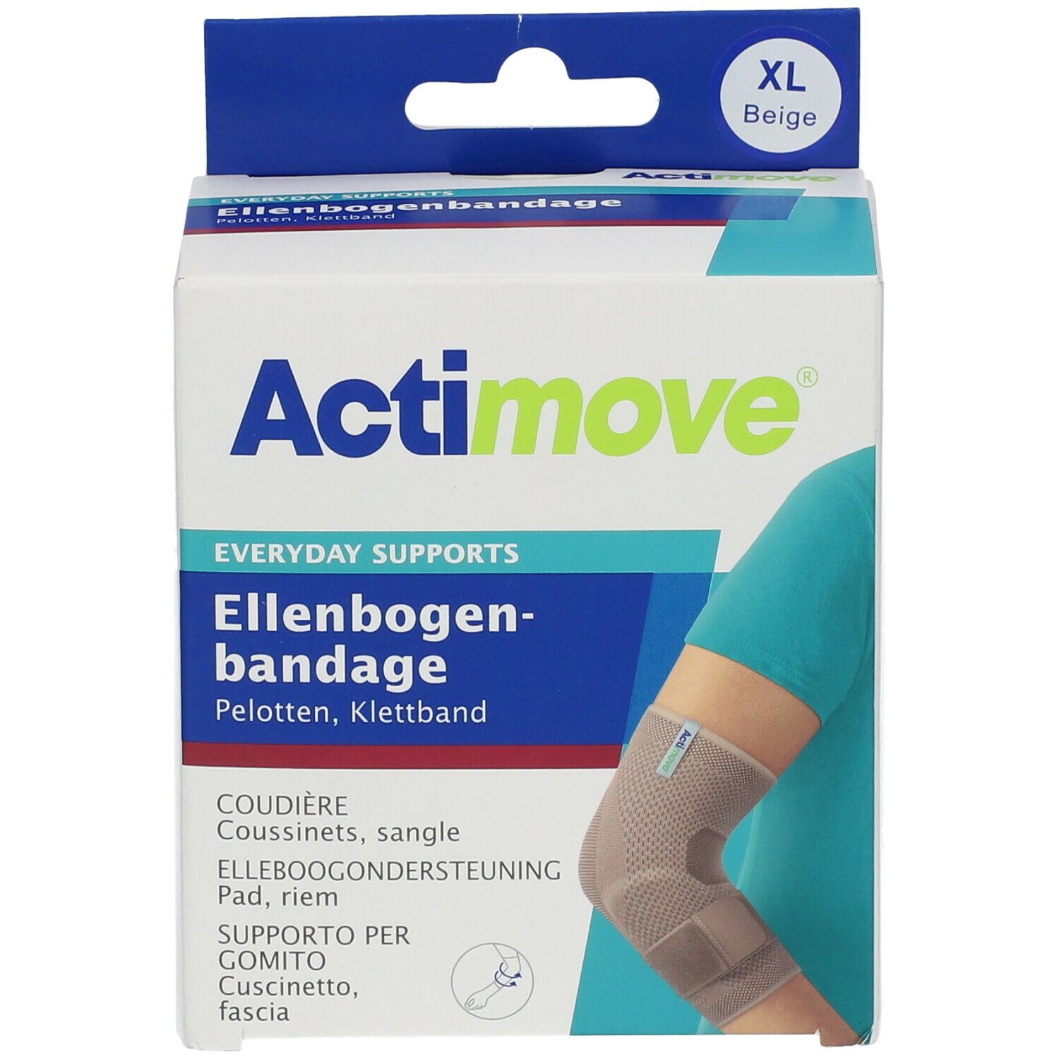 Actimove Ellbogenbandage verpakking. Product afbeelding, maat XL, beige.