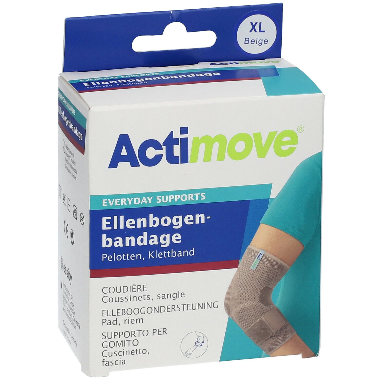 Actimove Ellbogenbandage verpakking. Product afbeelding, maat XL, beige.
