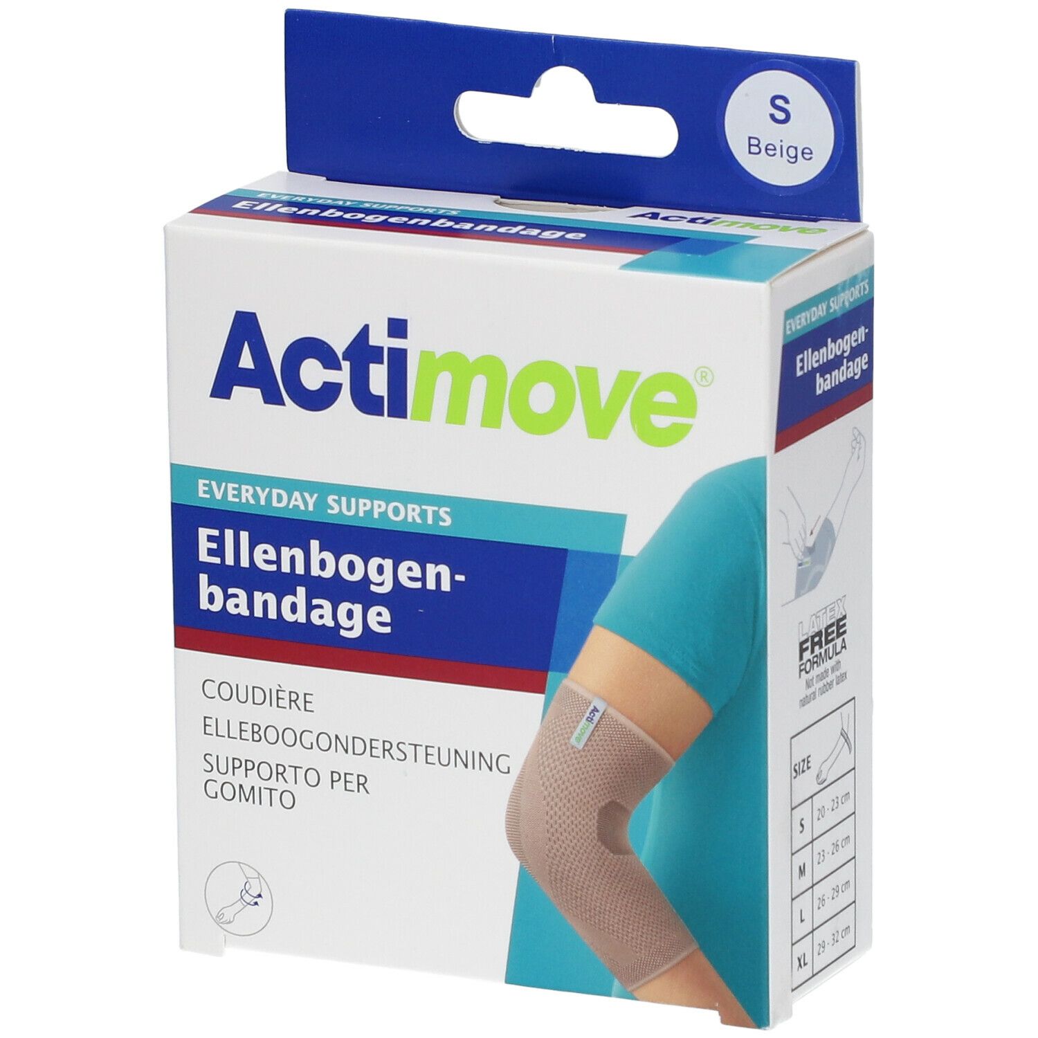 Boîte Actimove Bandage Coude, taille S, beige. Image du produit et logo de la marque.