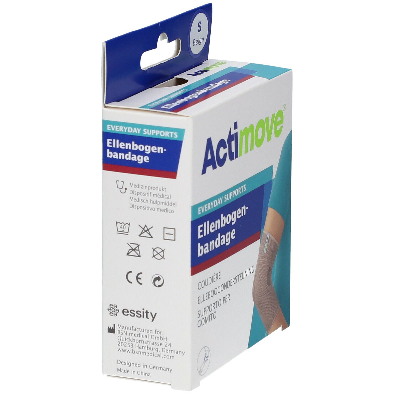 Vue latérale de la boîte Actimove Bandage Coude. Informations et logos.
