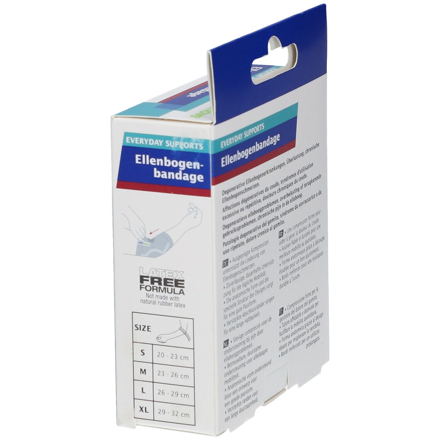 Côté de la boîte Actimove Bandage Coude avec indications de taille.
