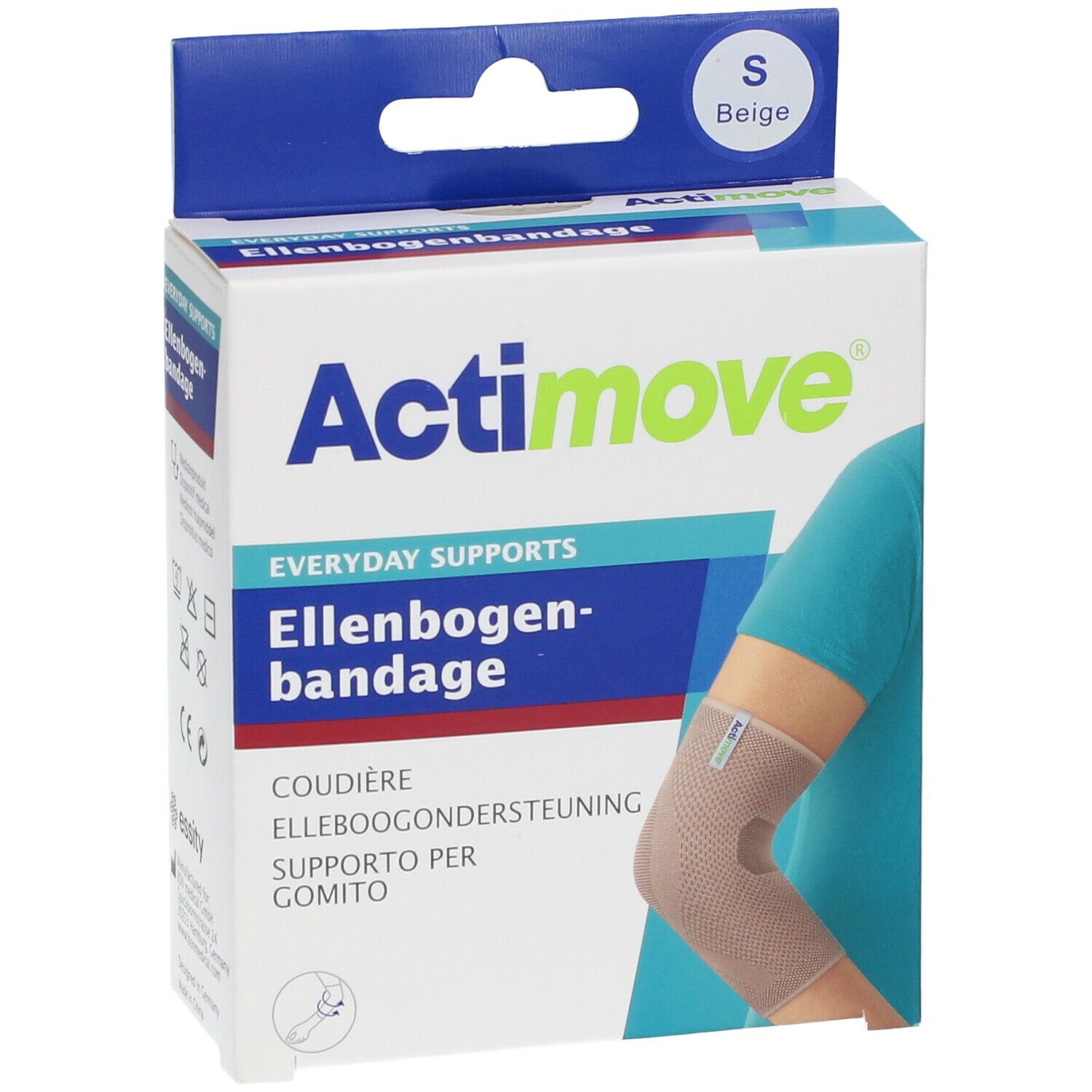 Actimove Bandage Coude, taille S, beige, représenté sur l'emballage.