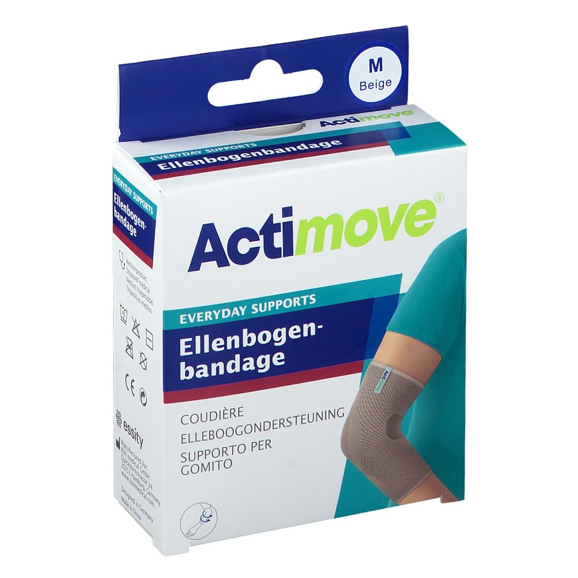 Actimove coudière en emballage. Taille M, beige. Nom du produit et logo visibles.