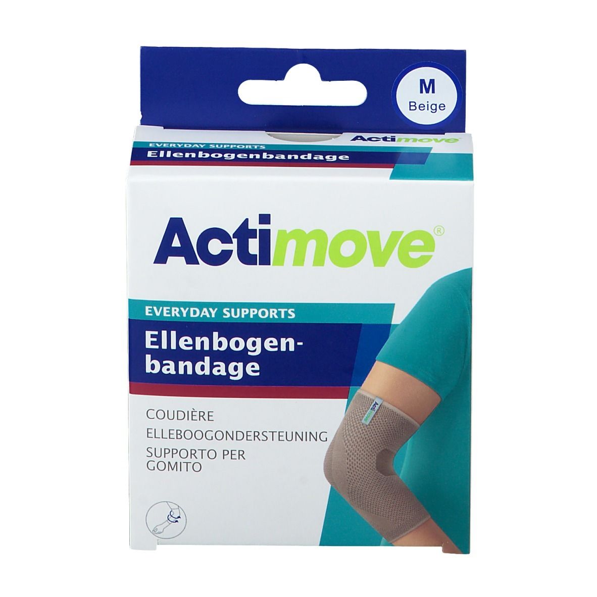 Coudière Actimove en emballage. Taille M, beige. Nom et logo du produit visibles.