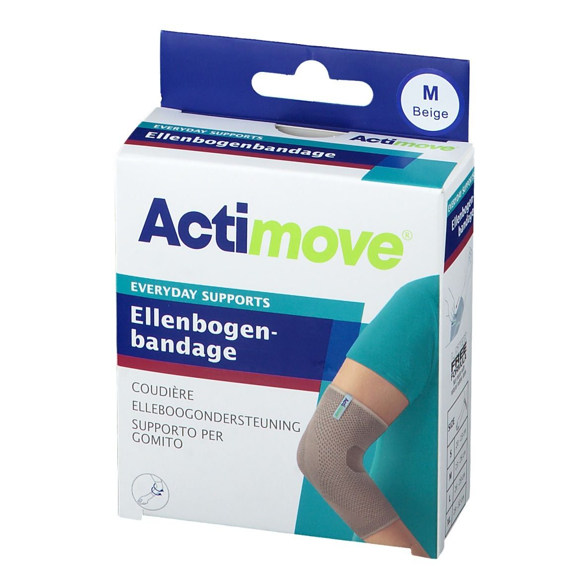 Coudière Actimove en emballage. Taille M, beige. Nom et logo du produit visibles.