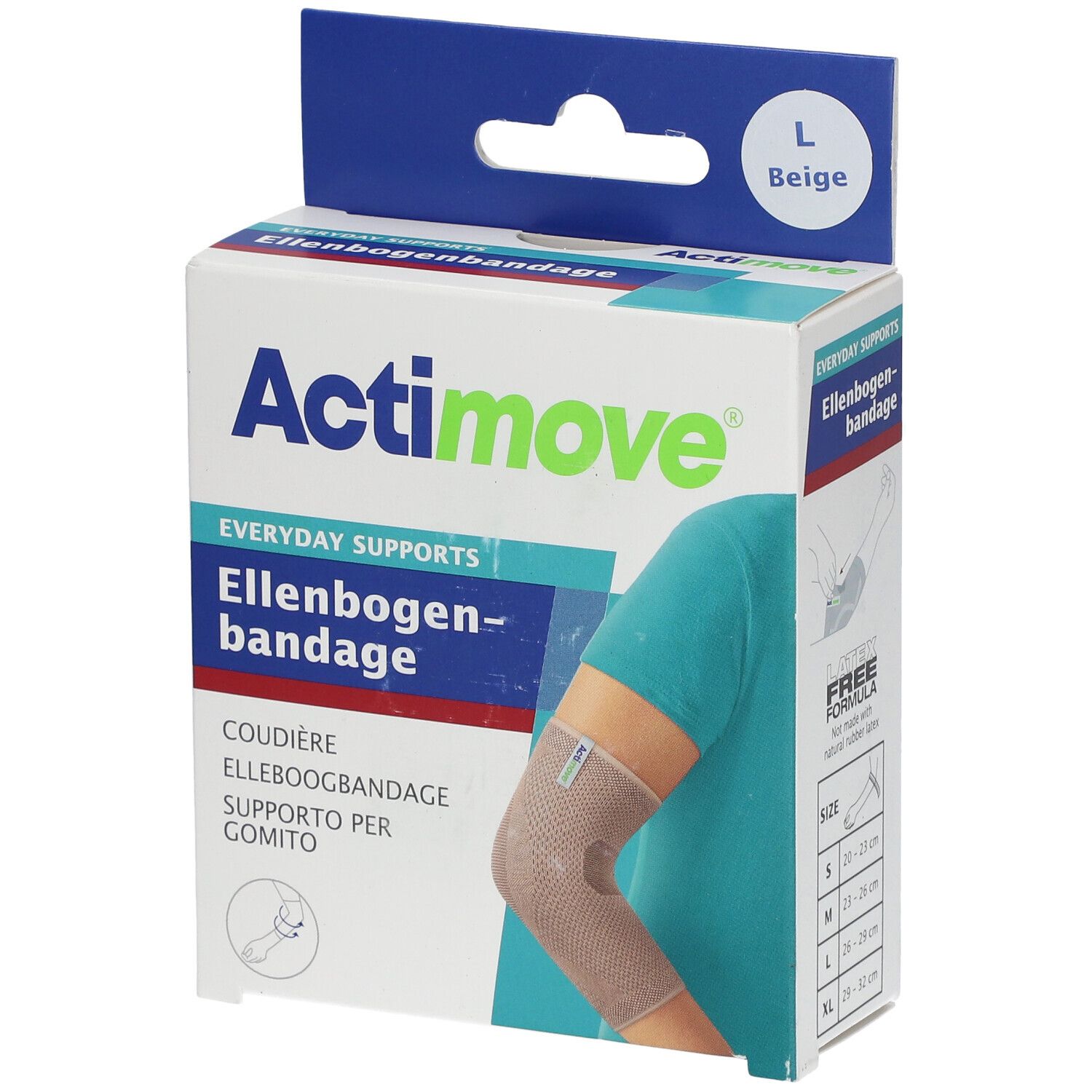 Actimove elleboogbandage in verpakking. Maat L, beige. Productafbeelding toont arm met bandage.