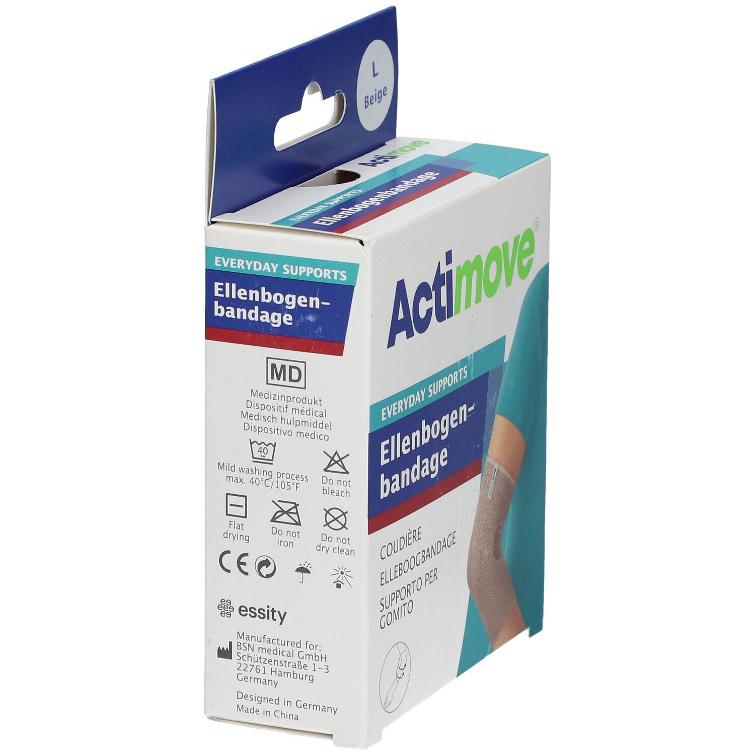 Verpakking van de Actimove elleboogbandage. Maat L, beige. Productinformatie en wassymbolen.