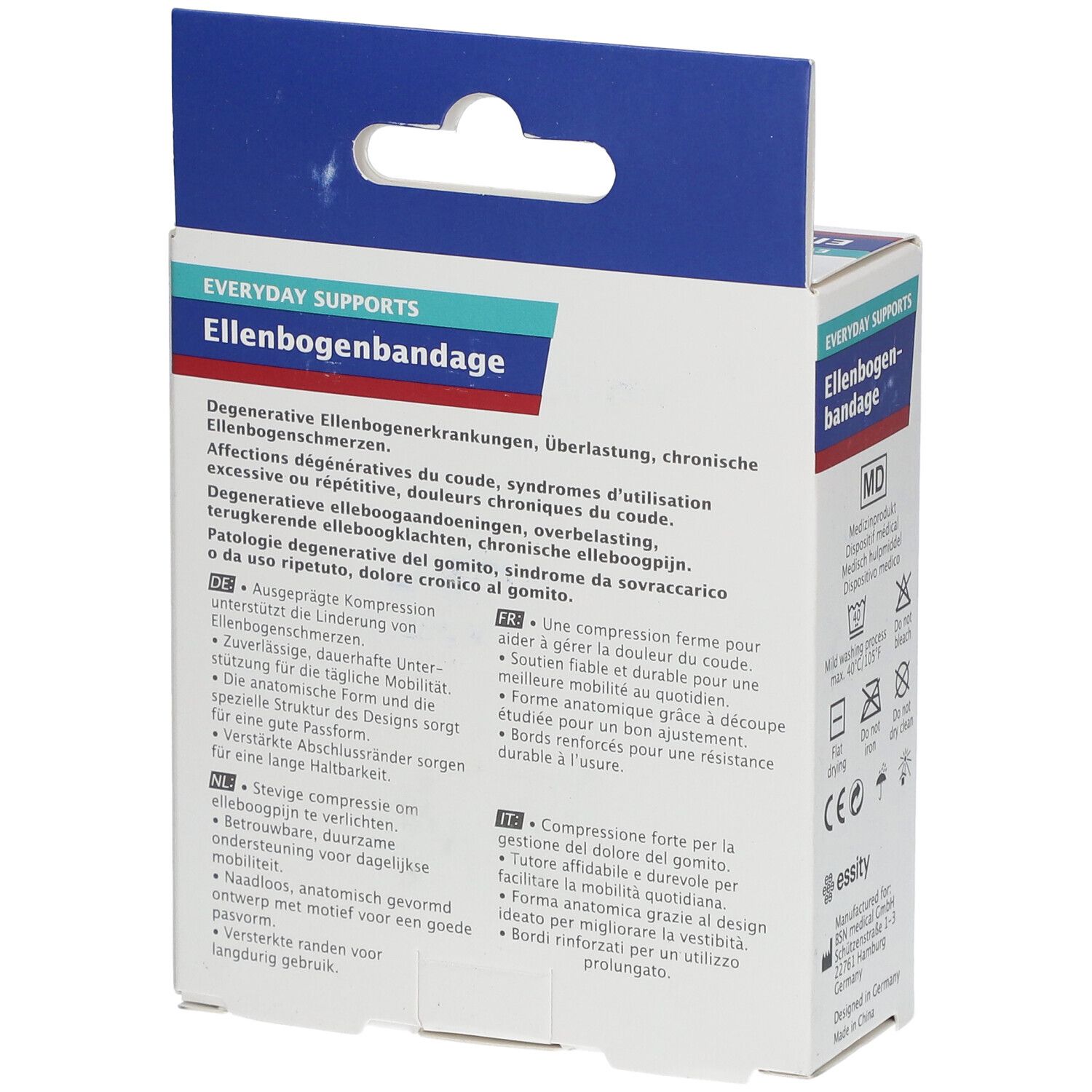 Achterkant van de Actimove elleboogbandage verpakking. Productbeschrijving in meerdere talen.